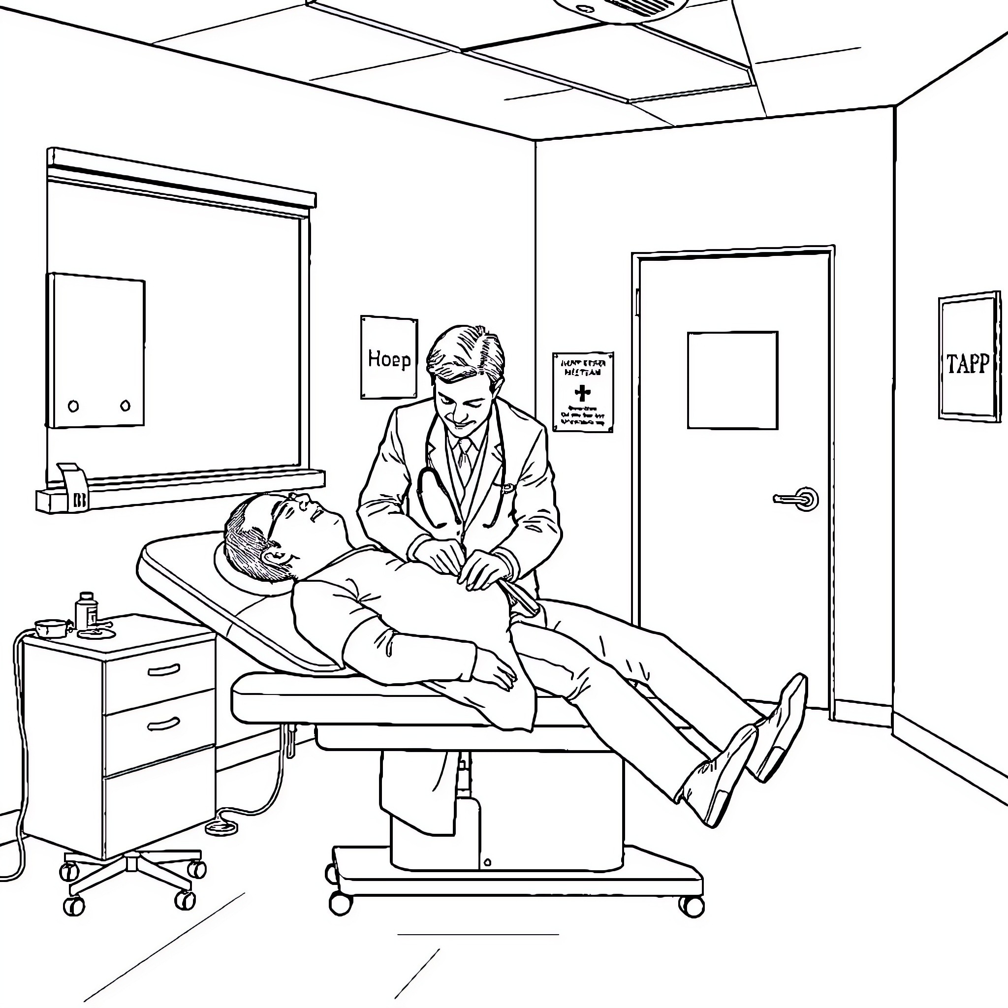 Doctor examining patient in medical office Coloring Page (free black-and-white line drawing printable PDF for all, from beginners to advanced learners, including children, teens, adults, and seniors)