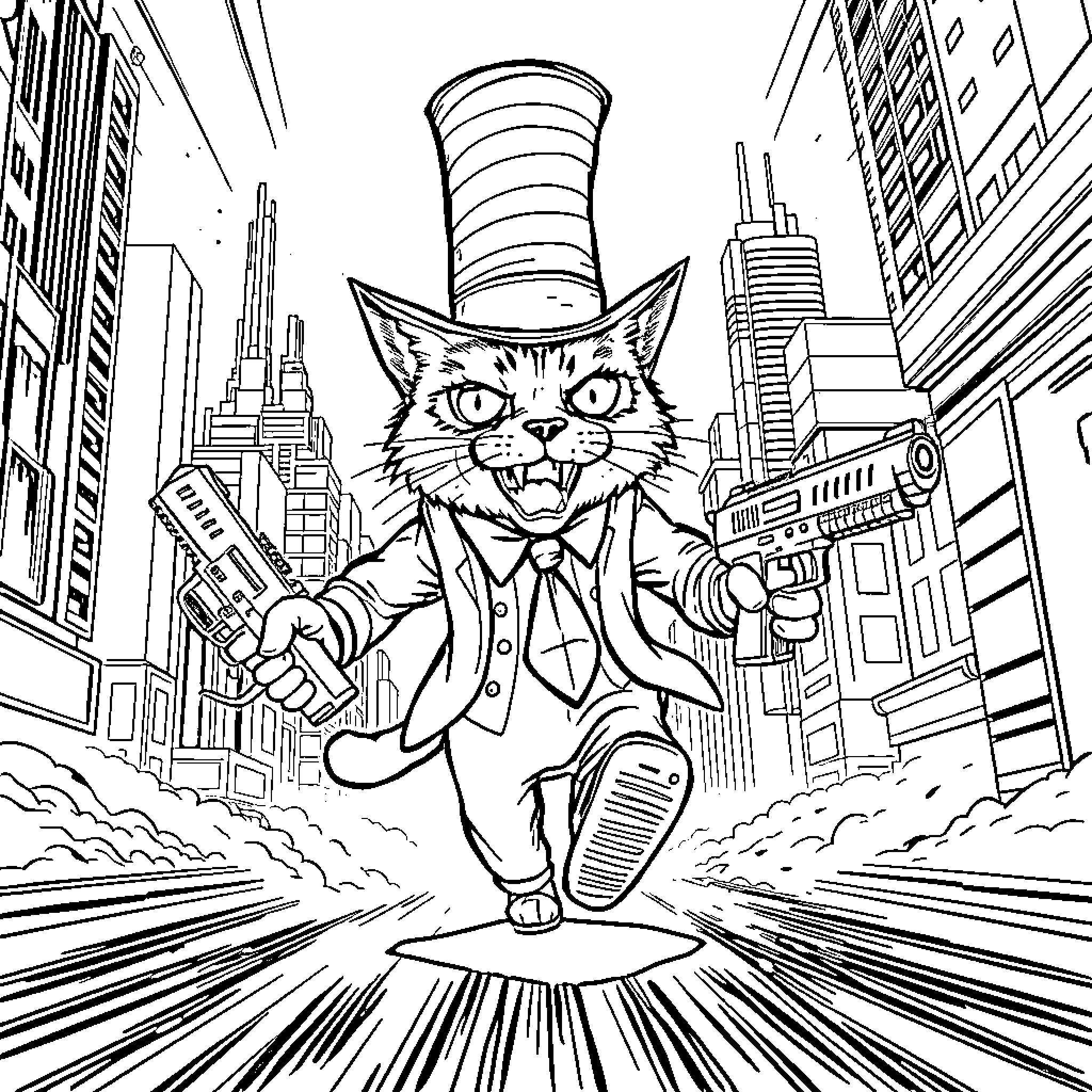 Cat in the Hat rushes through the bustling city Coloring Page (free black-and-white line drawing printable PDF for all, from beginners to advanced learners, including children, teens, adults, and seniors)