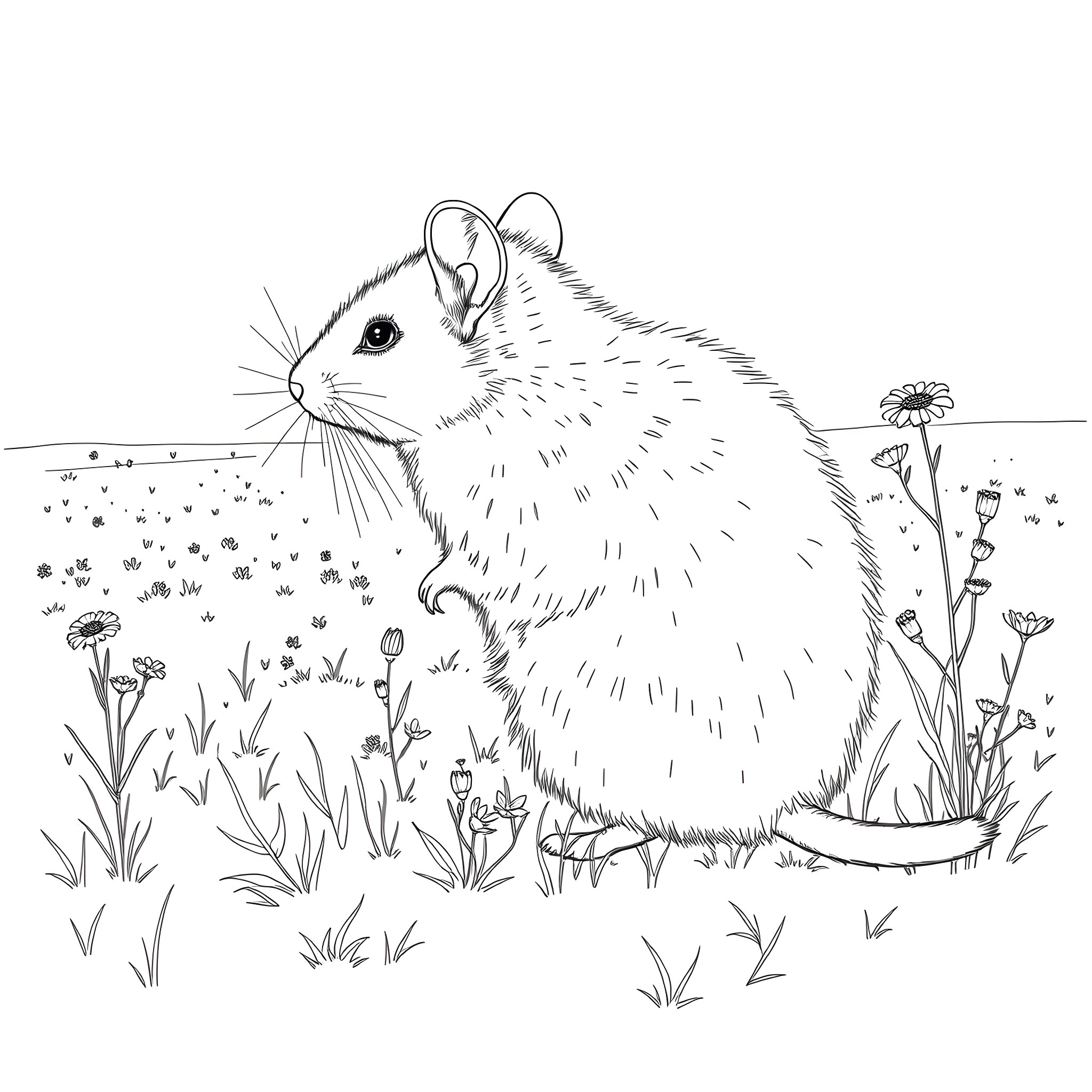 Mouse exploring a lush garden Coloring Page (free black-and-white line drawing printable PDF for all, from beginners to advanced learners, including children, teens, adults, and seniors)