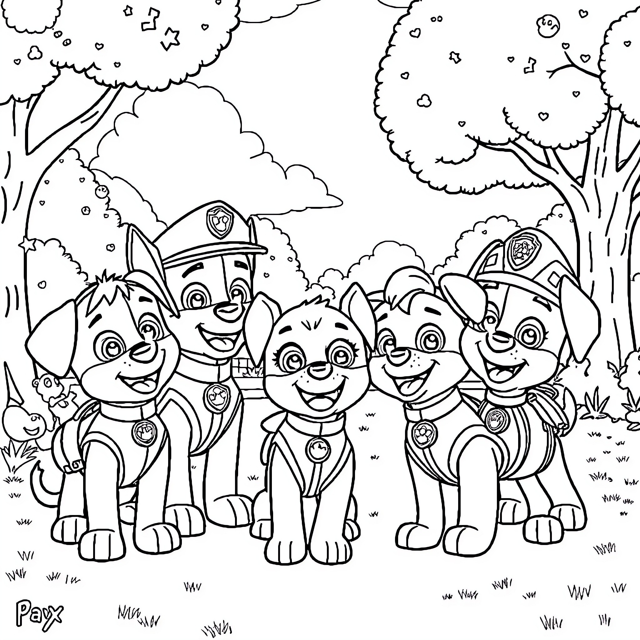Puppy patrol team exploring the forest Coloring Page (free black-and-white line drawing printable PDF for all, from beginners to advanced learners, including children, teens, adults, and seniors)
