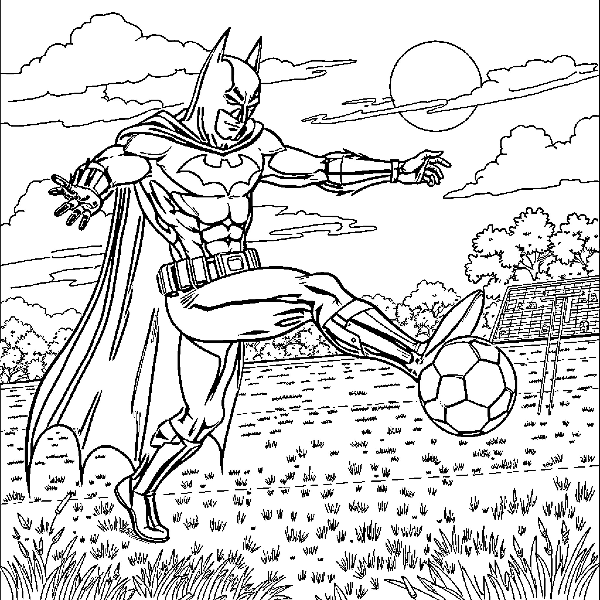 Batman playing with a soccer ball in a scenic outdoor setting Coloring Page (free black-and-white line drawing printable PDF for all, from beginners to advanced learners, including children, teens, adults, and seniors)