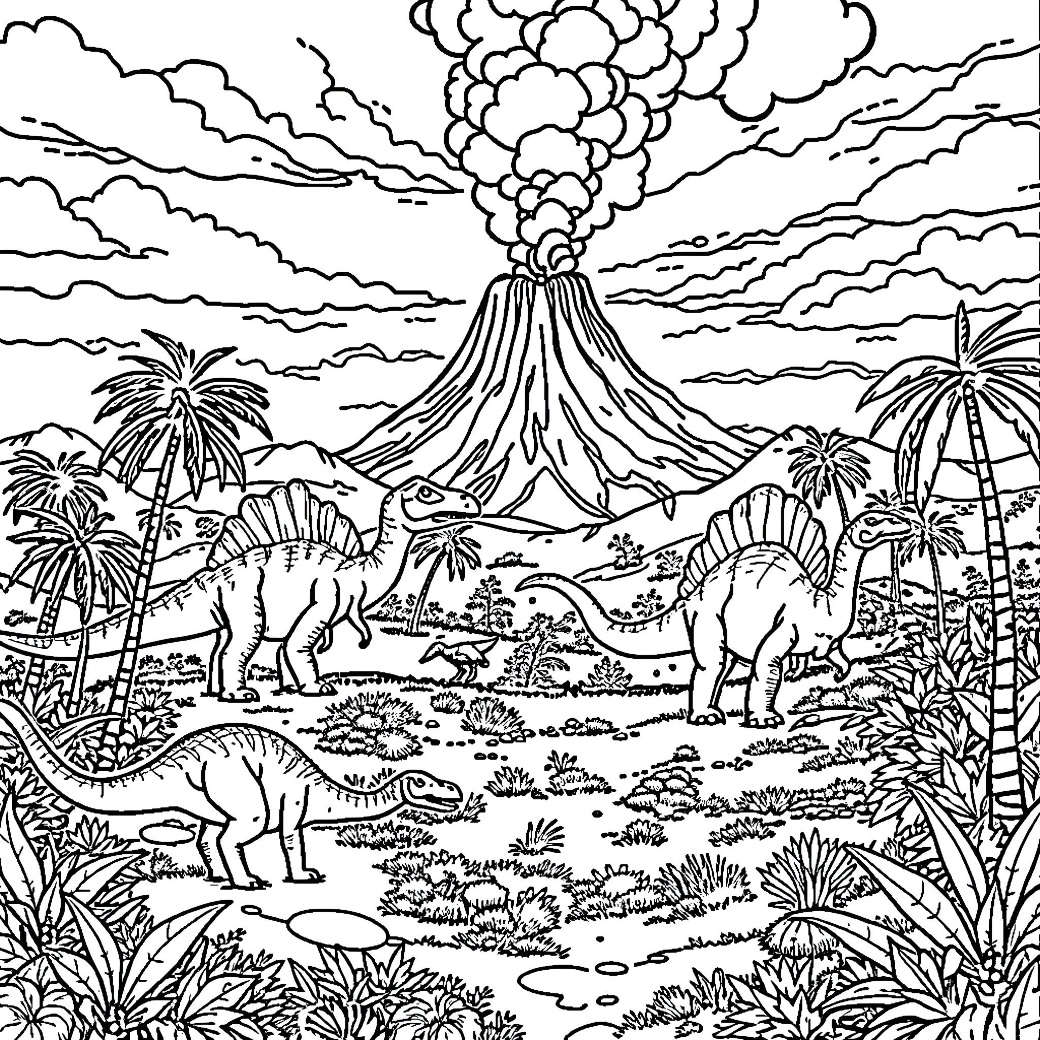 Dinosaurs roaming in prehistoric landscape Coloring Page (free black-and-white line drawing printable PDF for all, from beginners to advanced learners, including children, teens, adults, and seniors)