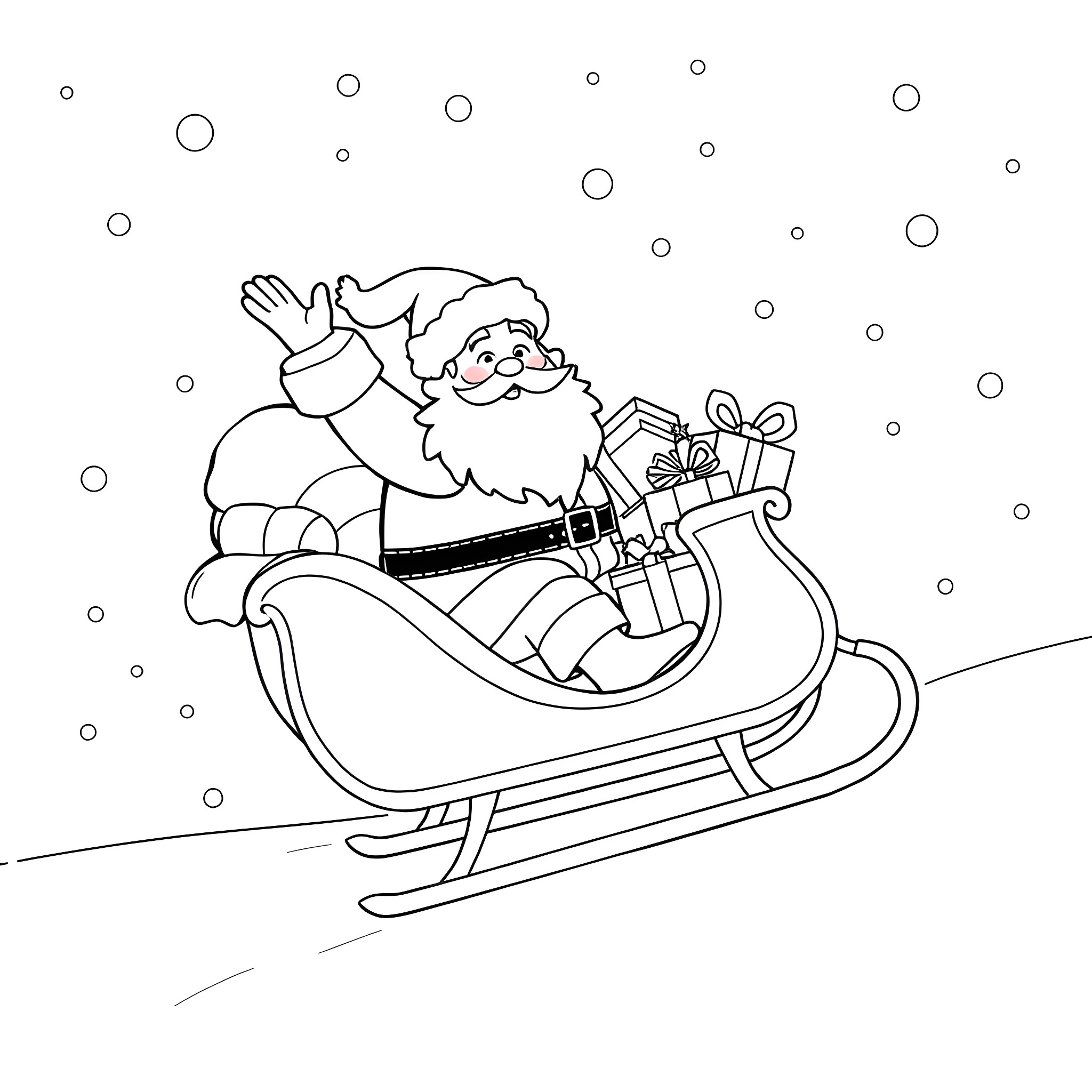 Santa riding his sleigh with gifts Coloring Page (free black-and-white line drawing printable PDF for all, from beginners to advanced learners, including children, teens, adults, and seniors)