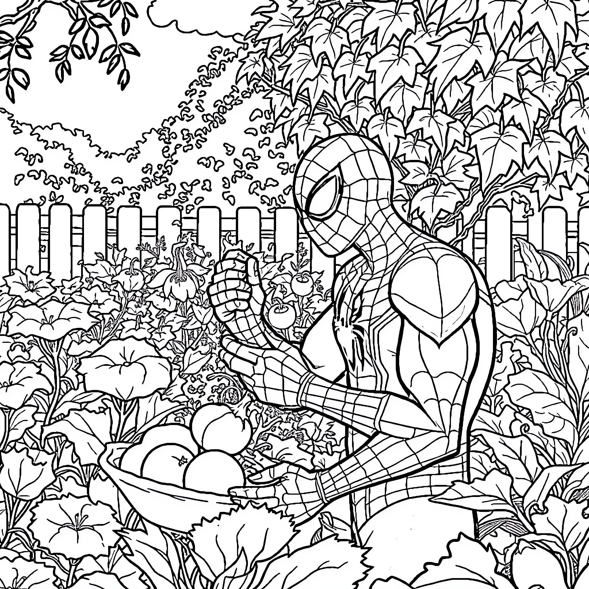 Spiderman enjoying a lush garden scene Coloring Page (free black-and-white line drawing printable PDF for all, from beginners to advanced learners, including children, teens, adults, and seniors)