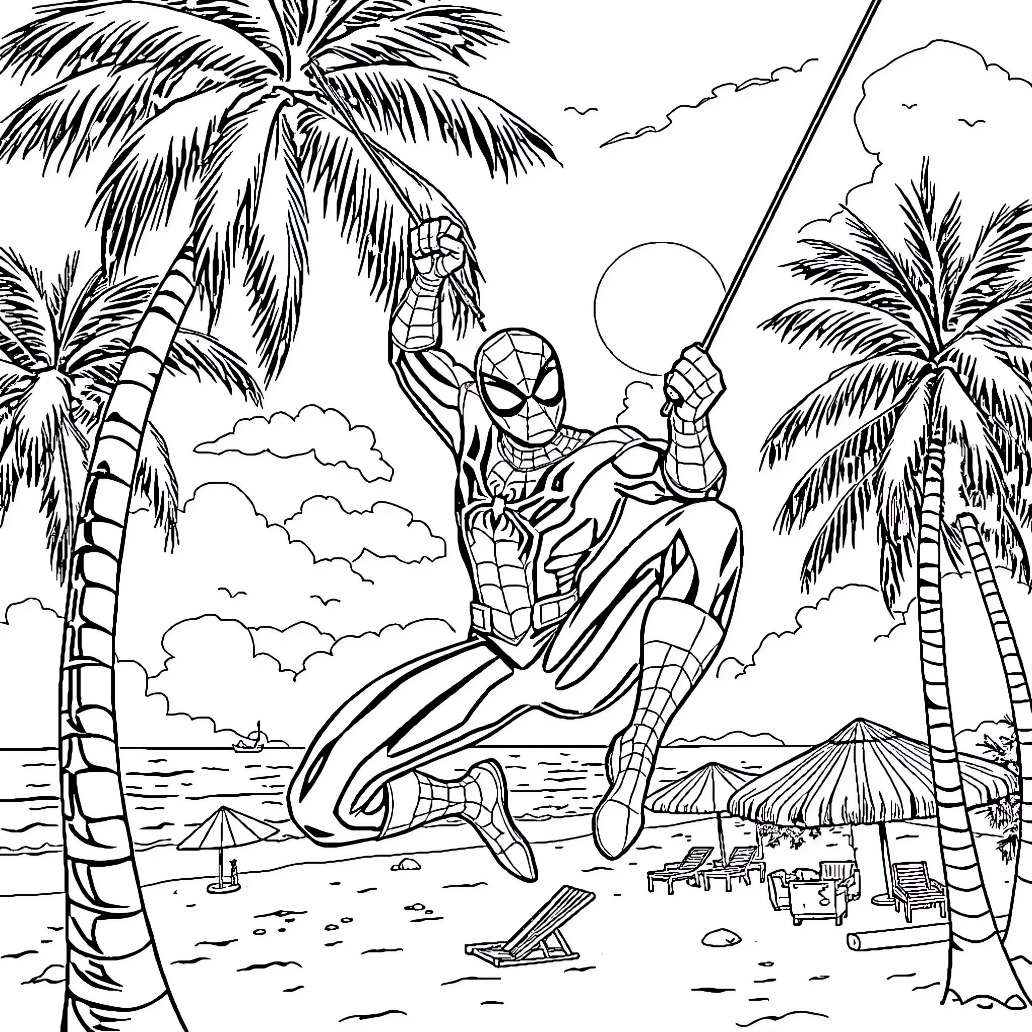 Spiderman swinging through a tropical paradise Coloring Page (free black-and-white line drawing printable PDF for all, from beginners to advanced learners, including children, teens, adults, and seniors)