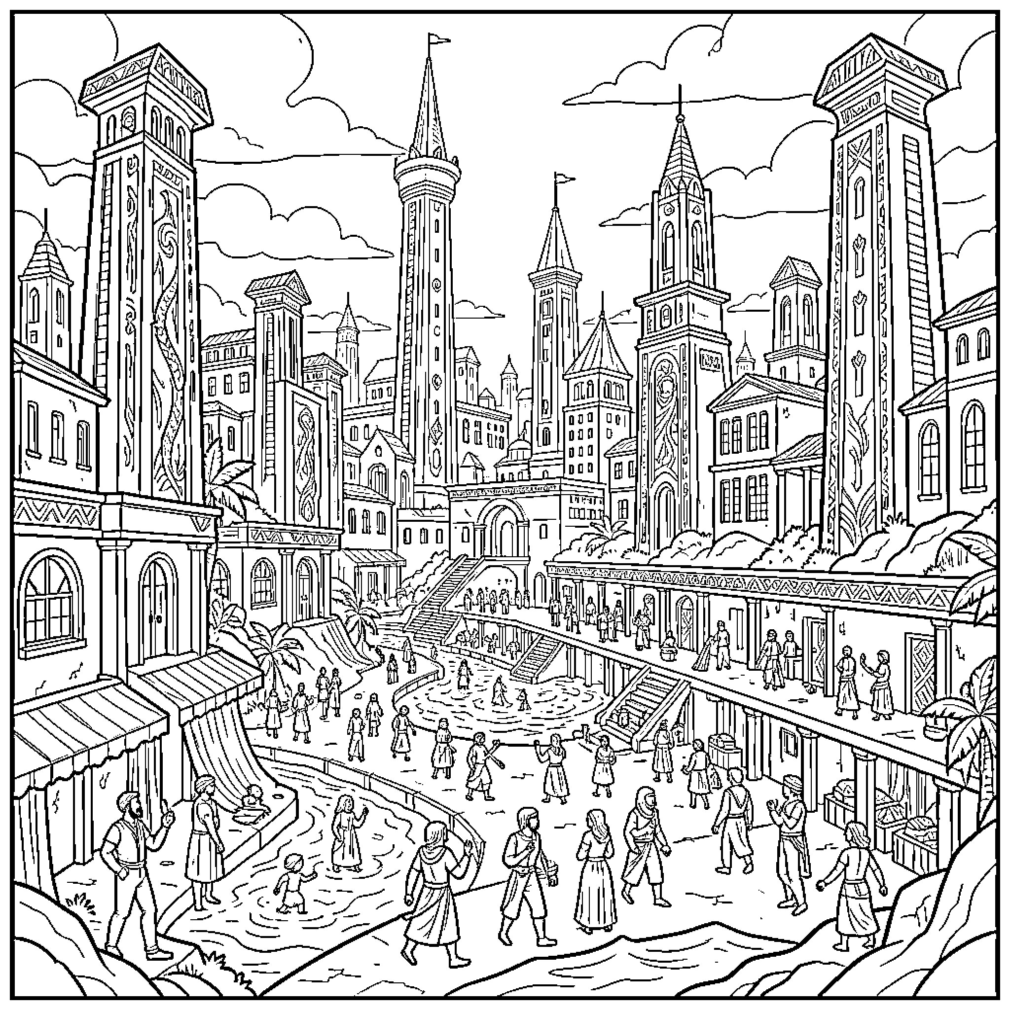 Atlantis citizens walking through a bustling ancient city Coloring Page (free black-and-white line drawing printable PDF for all, from beginners to advanced learners, including children, teens, adults, and seniors)