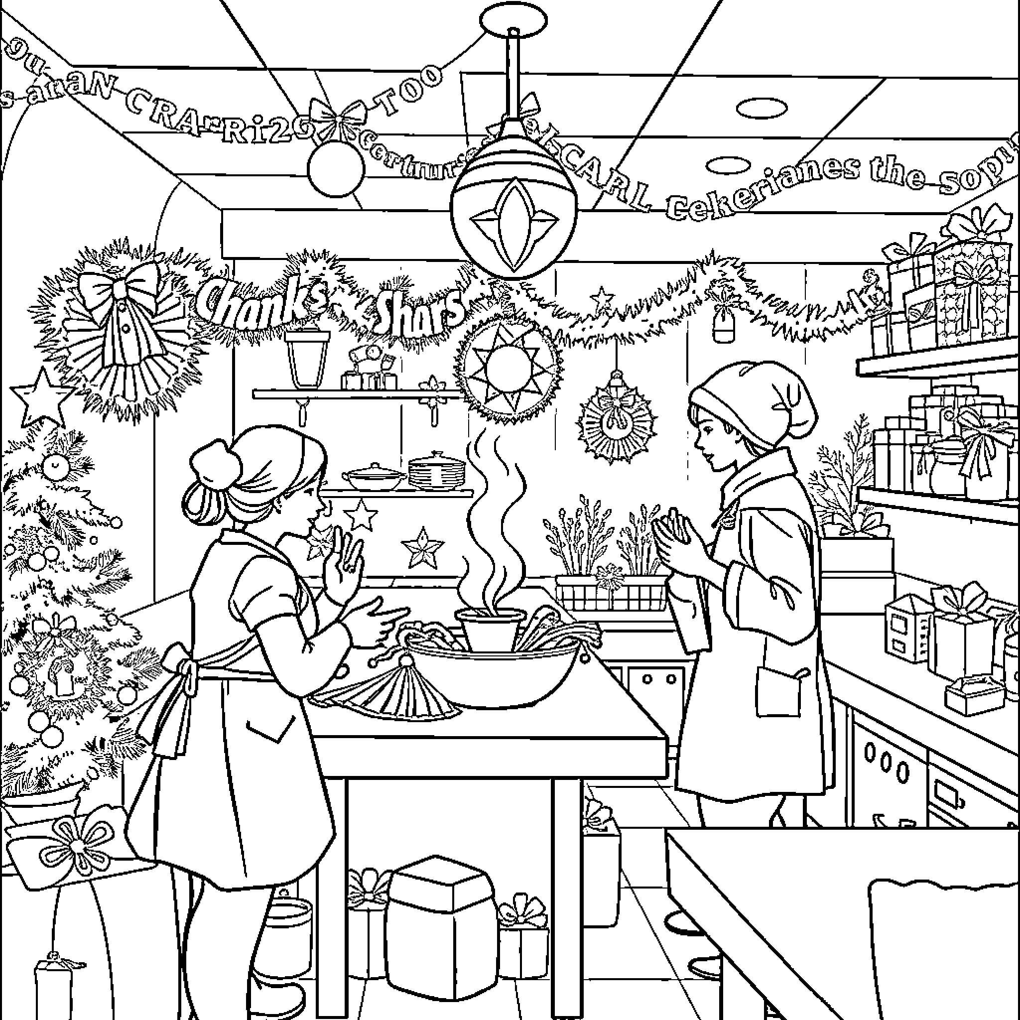 Holiday Celebrations in the Cozy Home Coloring Page (free black-and-white line drawing printable PDF for all, from beginners to advanced learners, including children, teens, adults, and seniors)