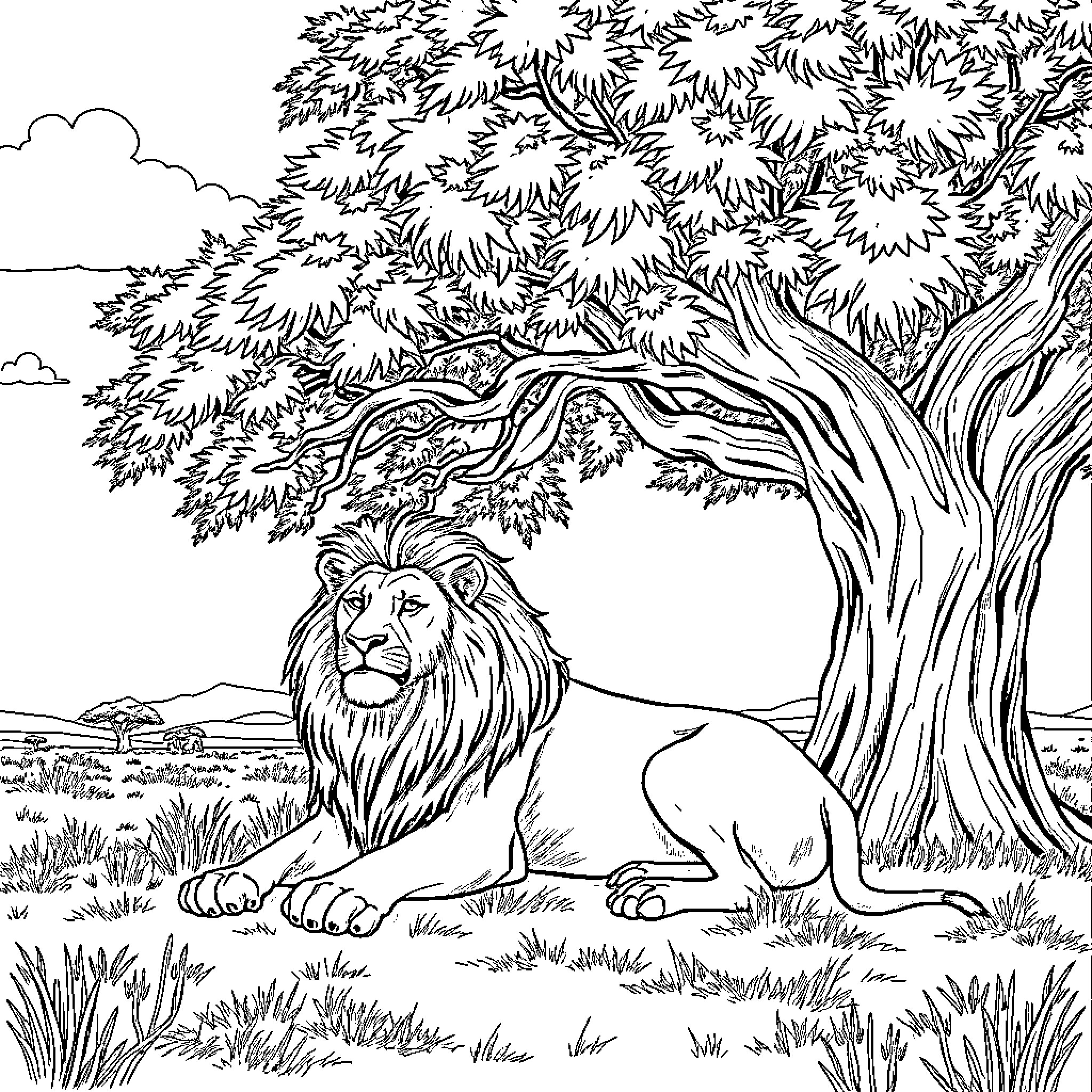 Lion resting under a large tree in nature Coloring Page (free black-and-white line drawing printable PDF for all, from beginners to advanced learners, including children, teens, adults, and seniors)