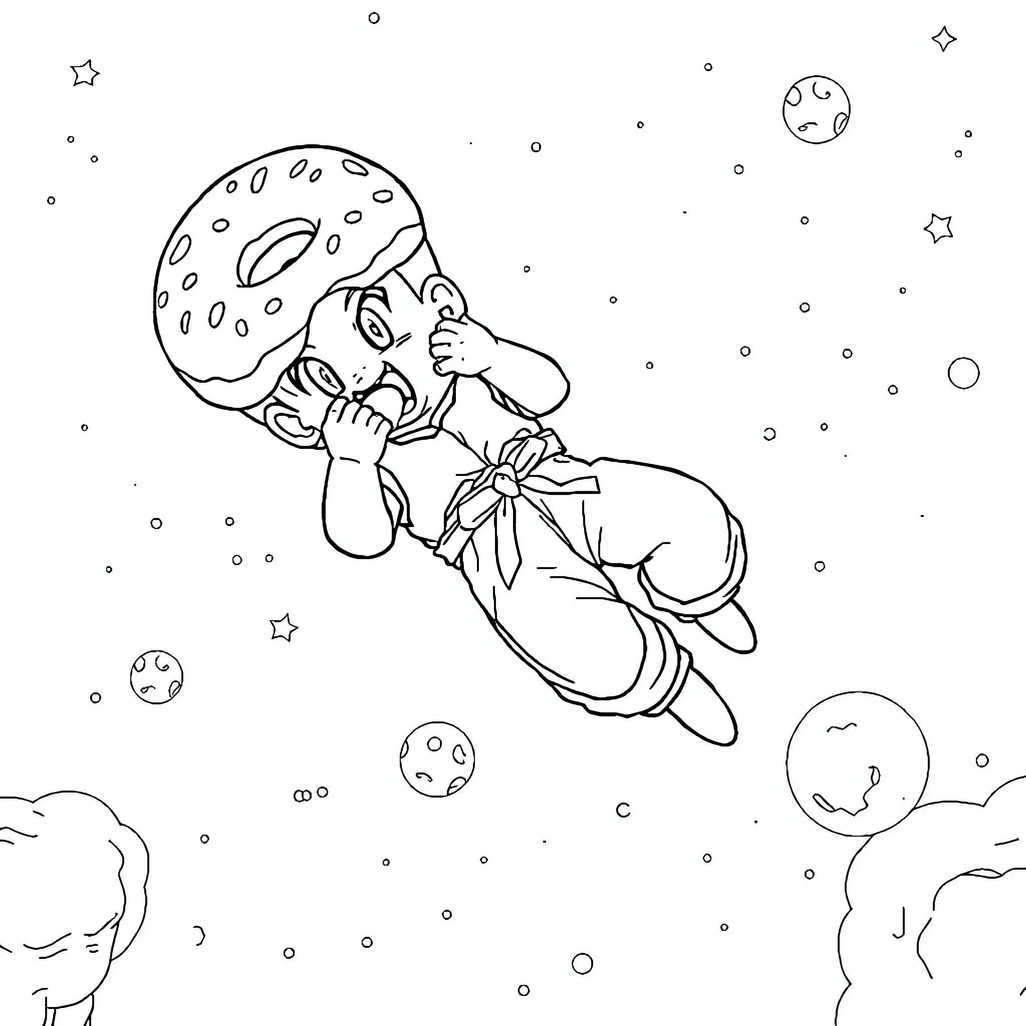 Buu floating in outer space Coloring Page (free black-and-white line drawing printable PDF for all, from beginners to advanced learners, including children, teens, adults, and seniors)