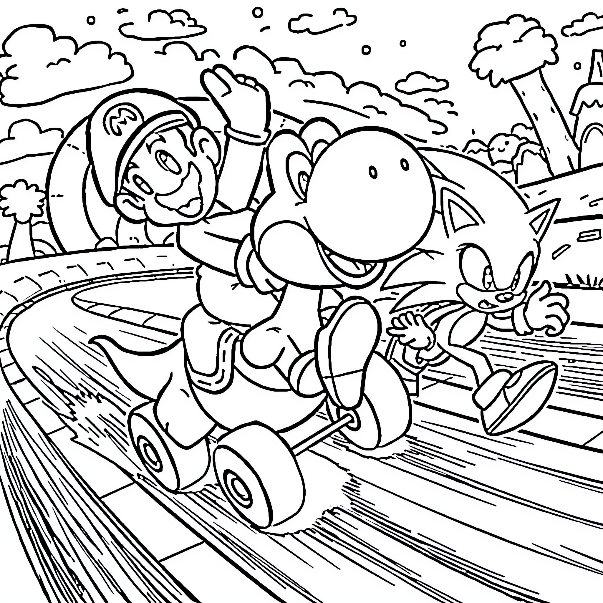 Mario's Adventurous Race with Sonic the Hedgehog Coloring Page (free black-and-white line drawing printable PDF for all, from beginners to advanced learners, including children, teens, adults, and seniors)