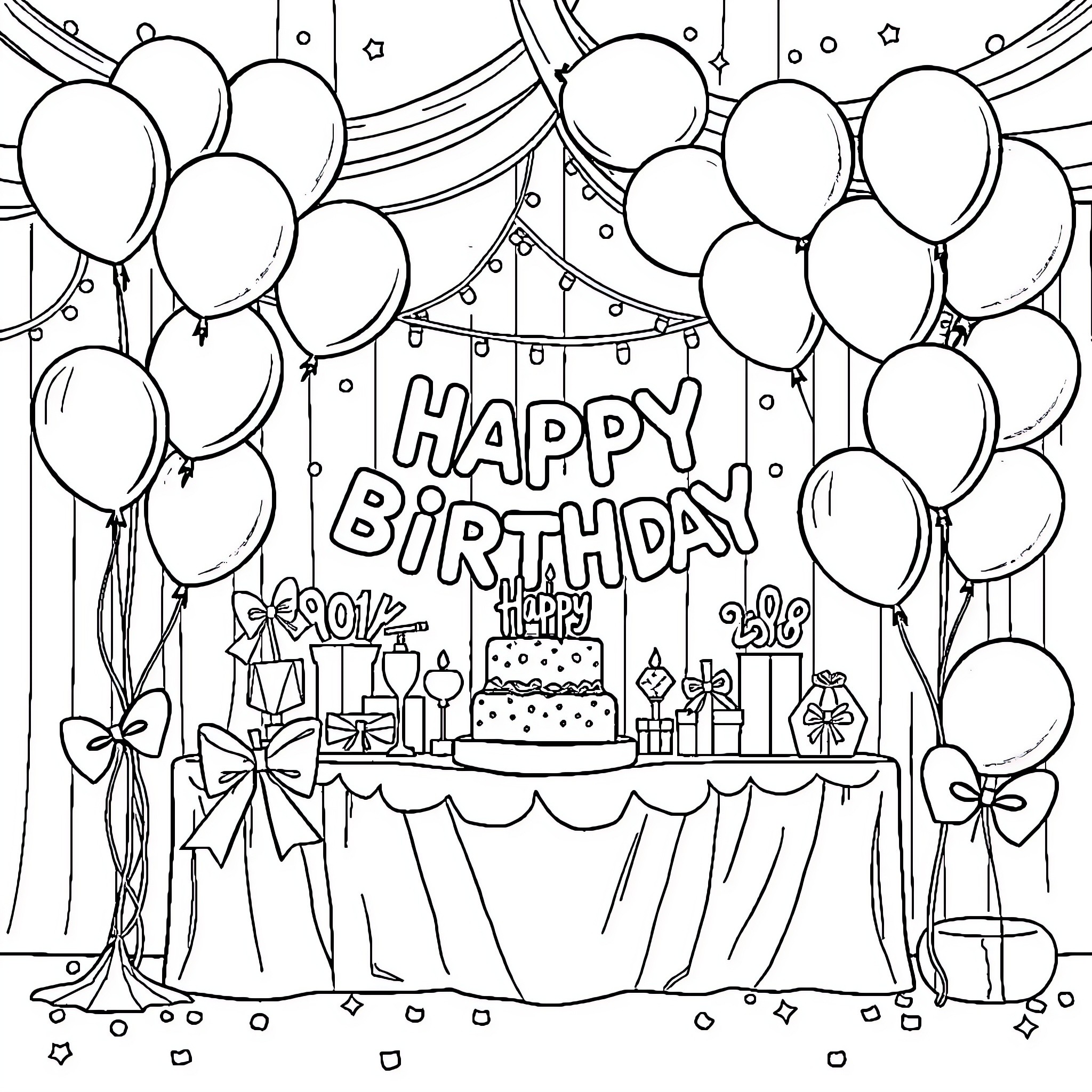 Black Pink Birthday Celebration with Balloons and Decor Coloring Page (free black-and-white line drawing printable PDF for all, from beginners to advanced learners, including children, teens, adults, and seniors)