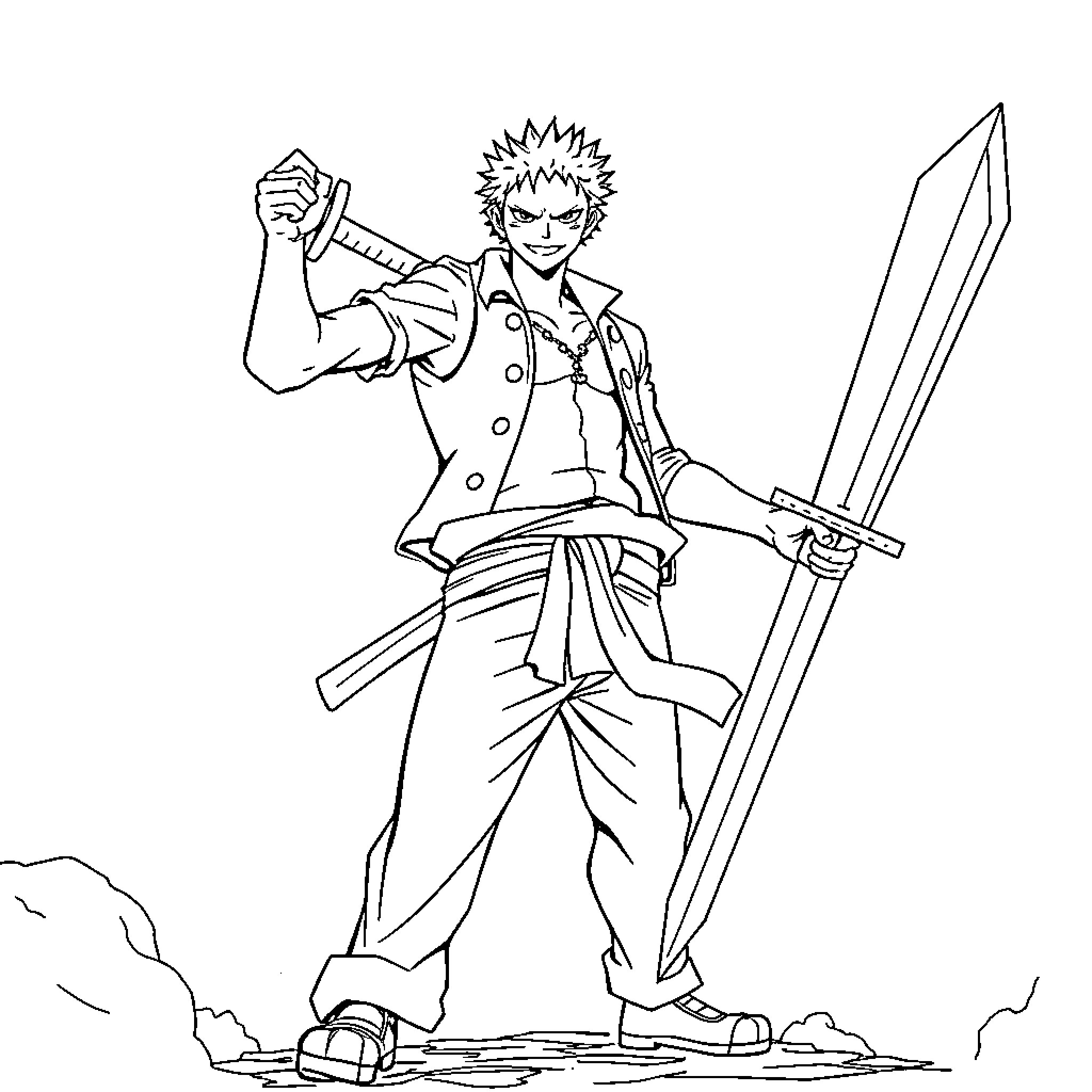 Zoro wielding swords in heroic pose Coloring Page (free black-and-white line drawing printable PDF for all, from beginners to advanced learners, including children, teens, adults, and seniors)