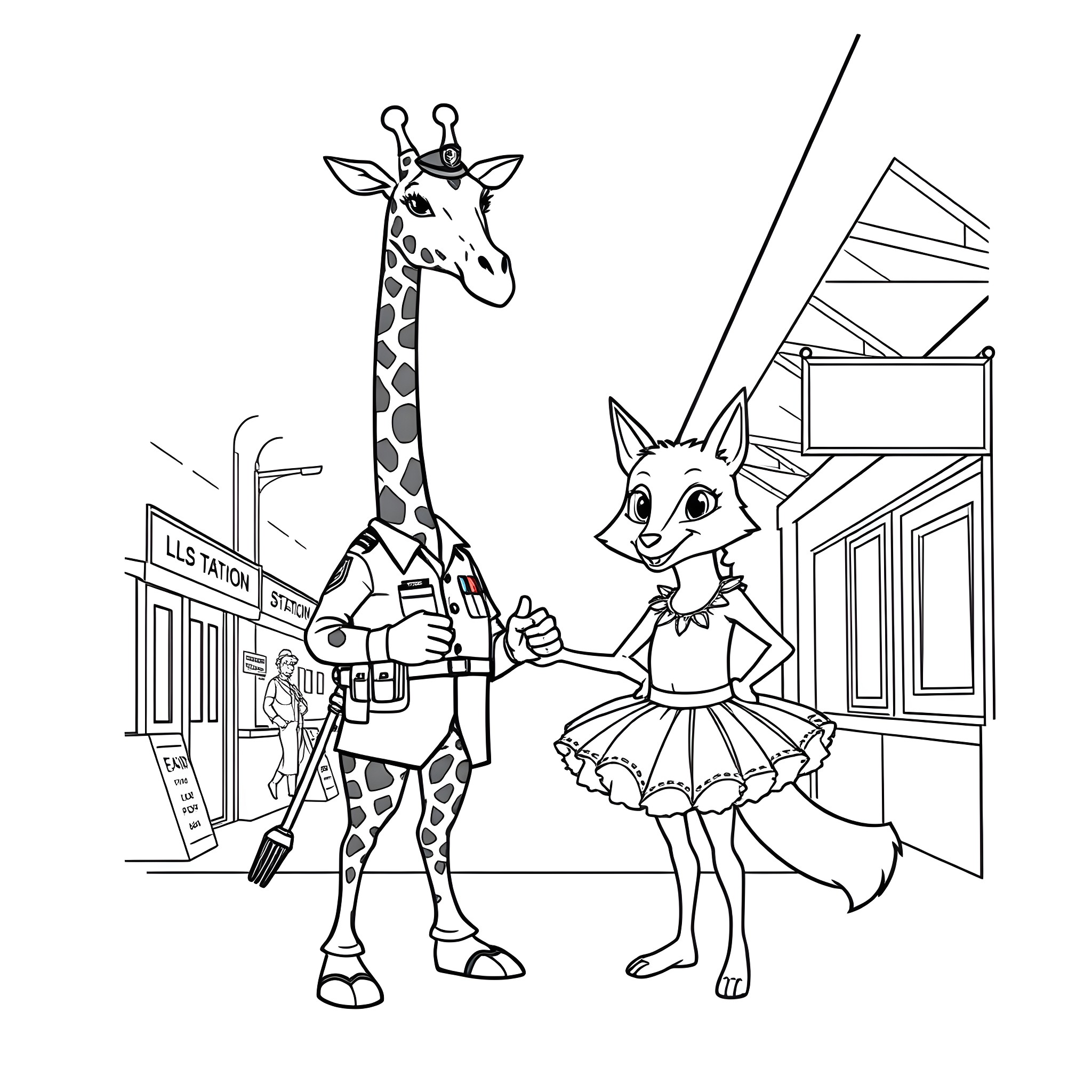 Giraffe and fox friends exploring the city Coloring Page (free black-and-white line drawing printable PDF for all, from beginners to advanced learners, including children, teens, adults, and seniors)