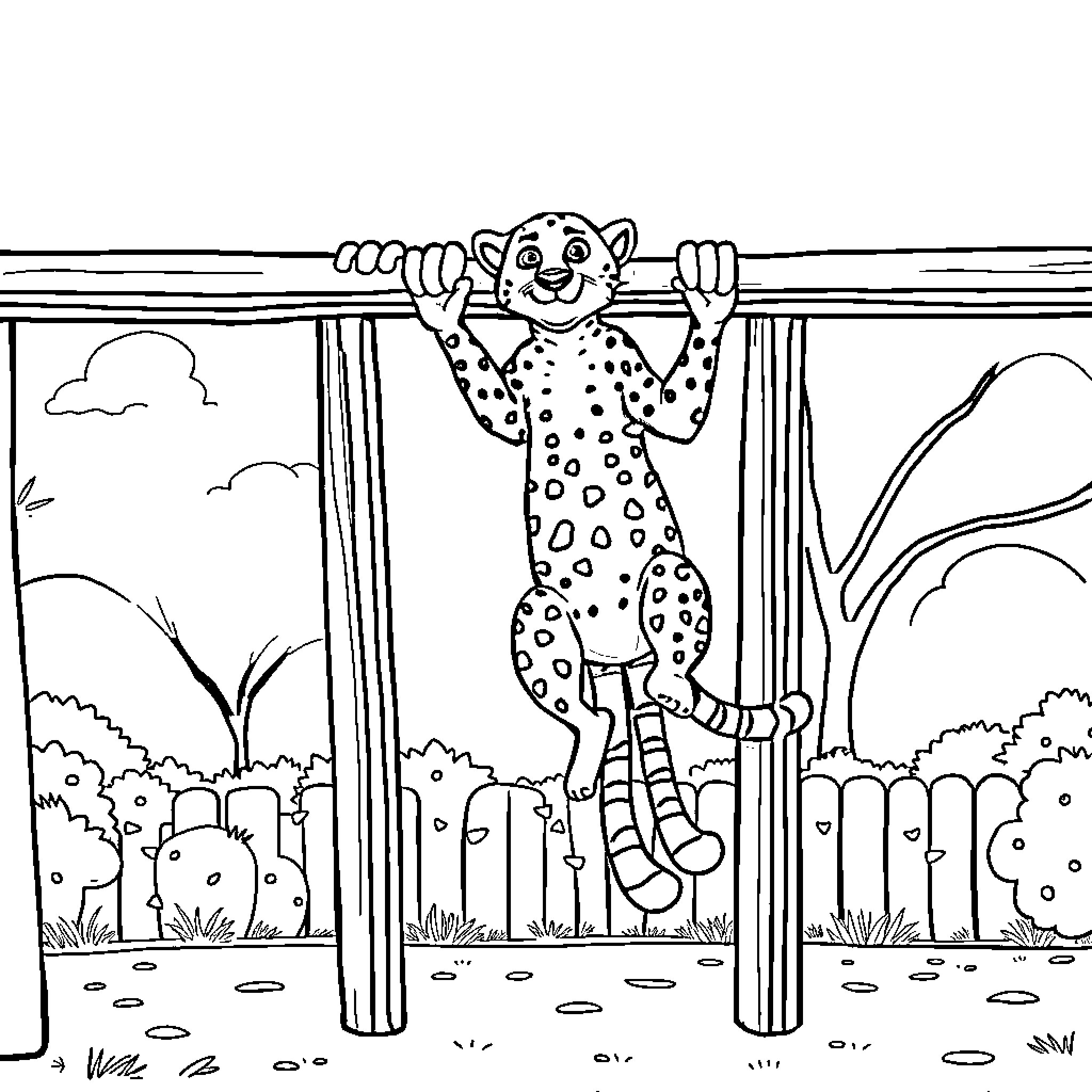 Cheetah peering playfully through a wooden fence Coloring Page (free black-and-white line drawing printable PDF for all, from beginners to advanced learners, including children, teens, adults, and seniors)