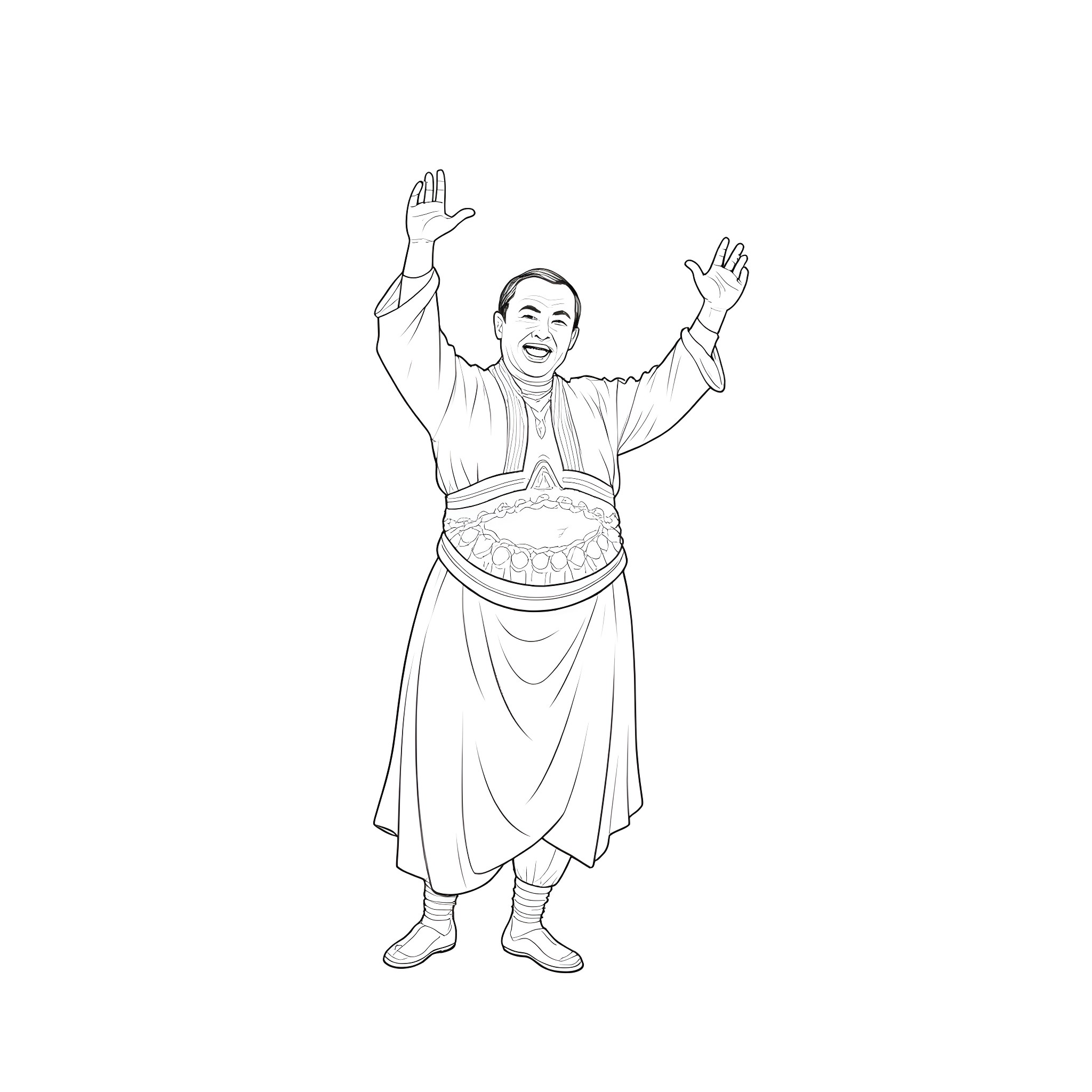 Recep Tayyip Erdoğan celebrating in traditional attire Coloring Page (free black-and-white line drawing printable PDF for all, from beginners to advanced learners, including children, teens, adults, and seniors)