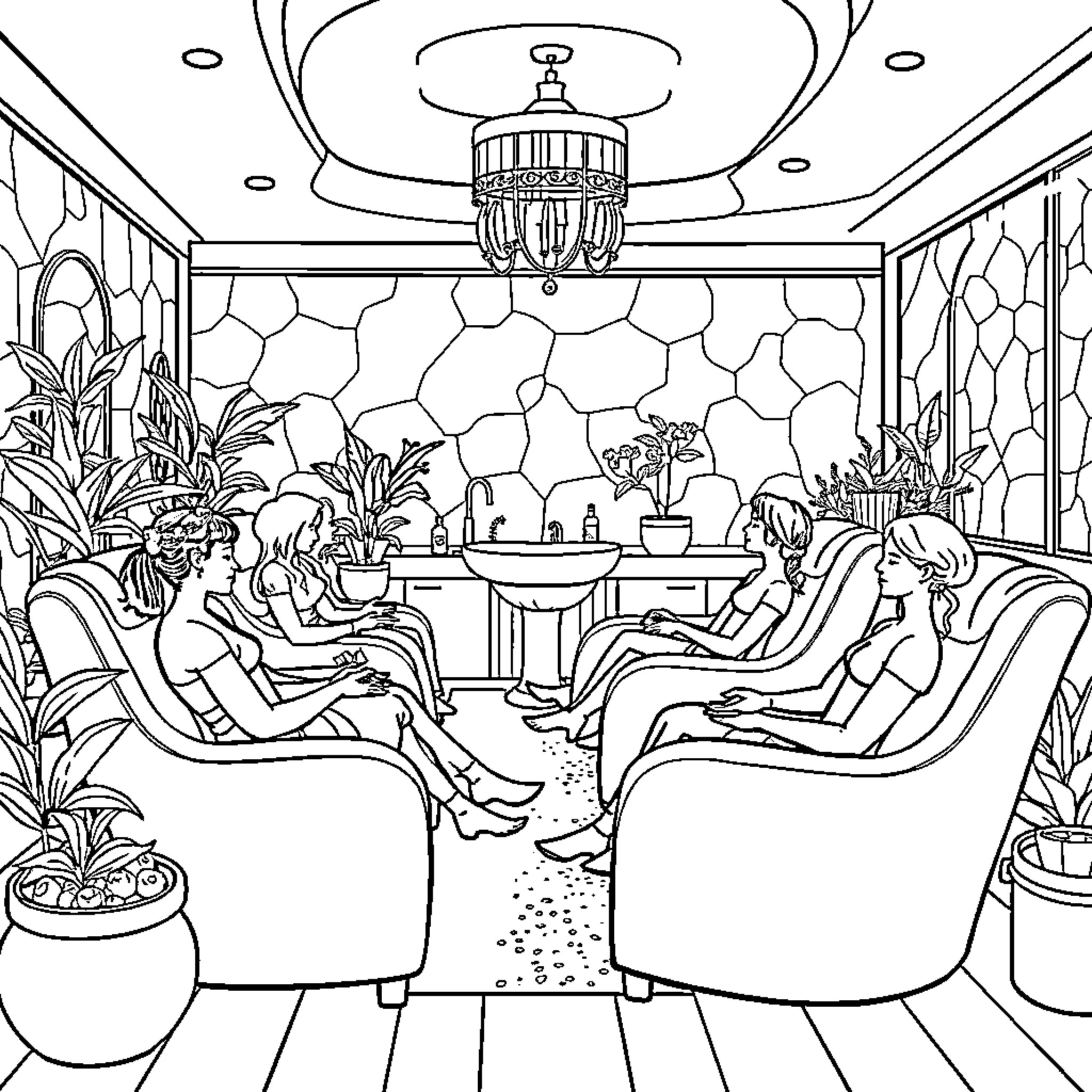 Spa Day of Relaxation and Pampering Coloring Page (free black-and-white line drawing printable PDF for all, from beginners to advanced learners, including children, teens, adults, and seniors)
