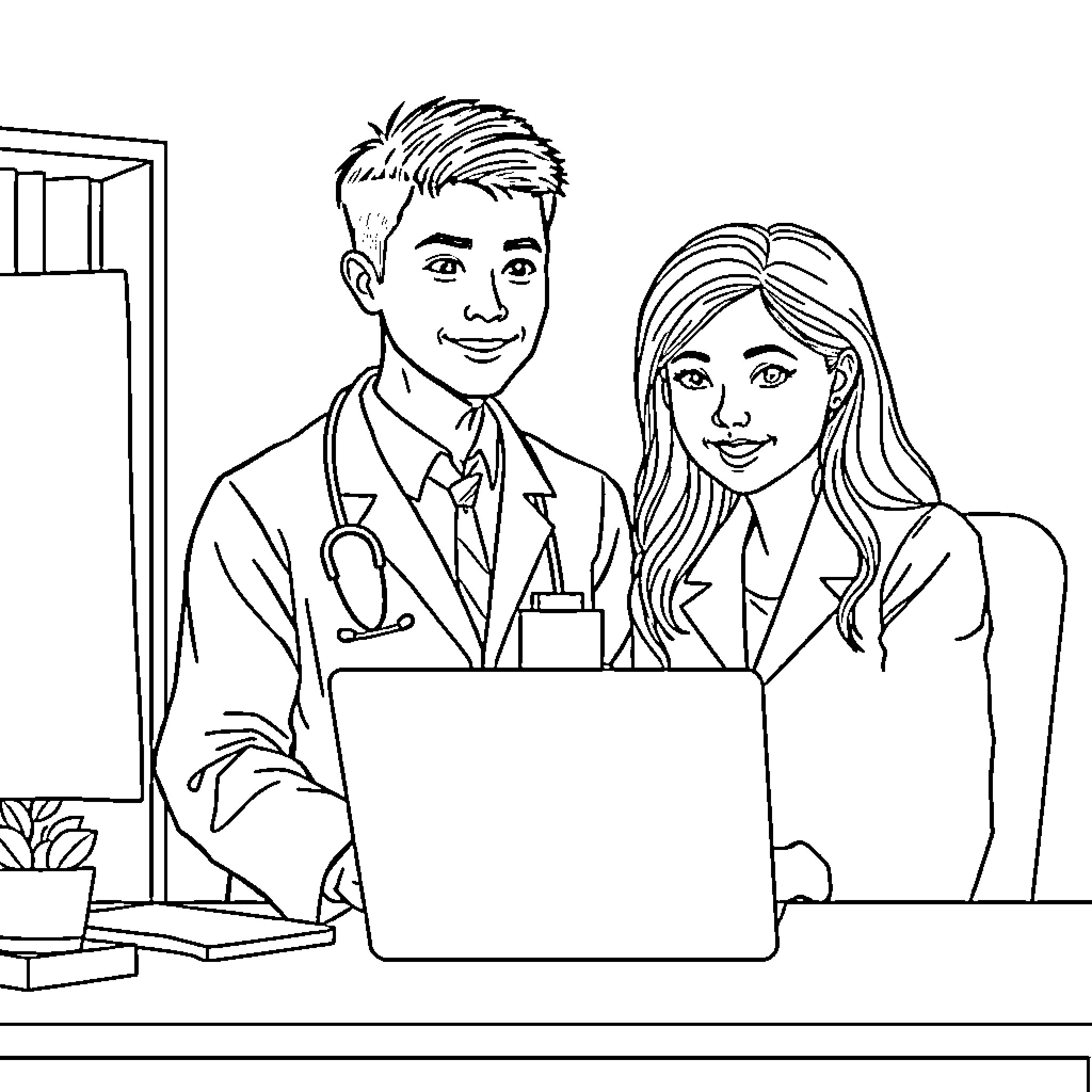 Doctor Couple Assisting Patients at Clinic Coloring Page (free black-and-white line drawing printable PDF for all, from beginners to advanced learners, including children, teens, adults, and seniors)