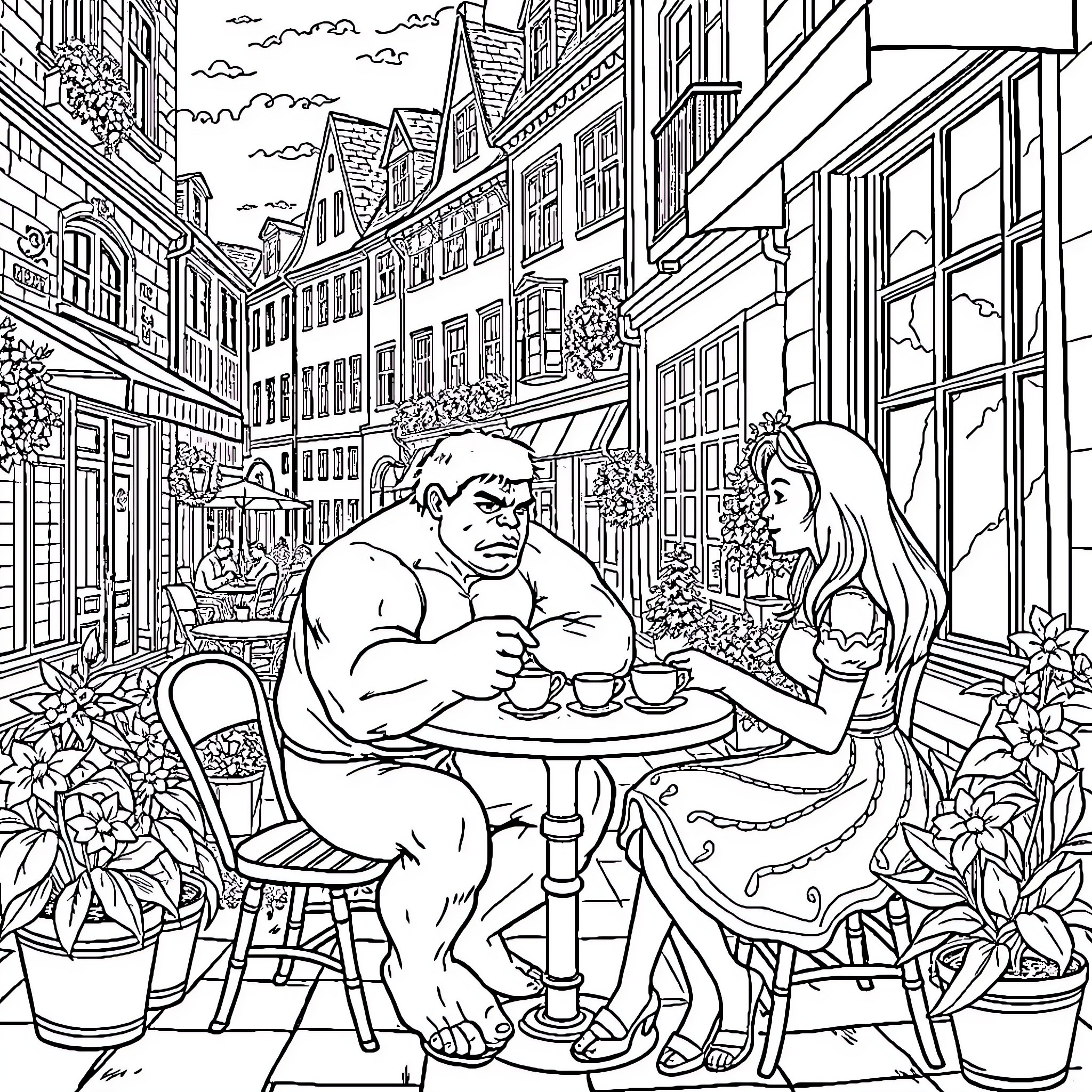 Hulk Enjoys A Peaceful Cafe Moment With A Friend Coloring Page (free black-and-white line drawing printable PDF for all, from beginners to advanced learners, including children, teens, adults, and seniors)