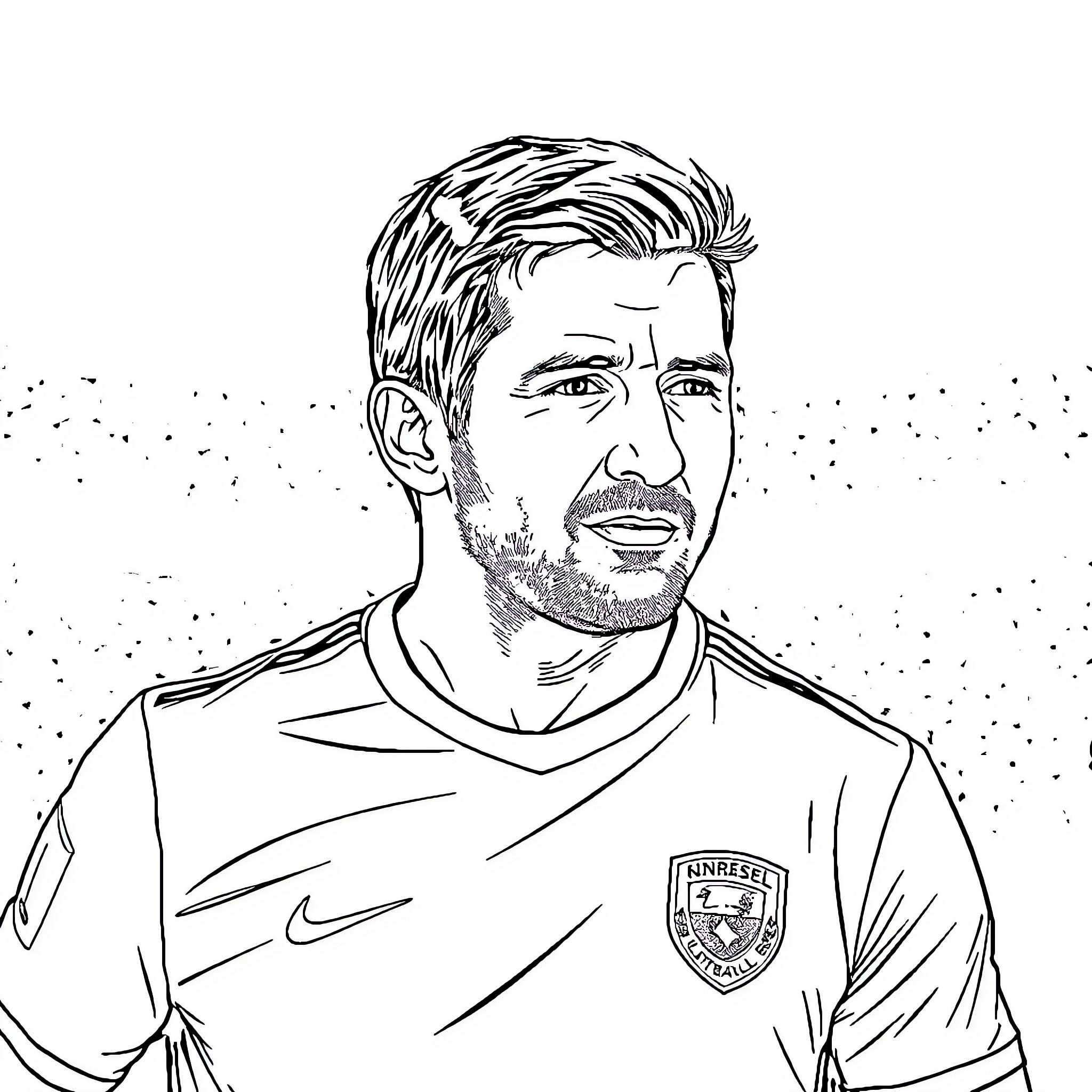 Frank Lampard in sports jersey and determined expression Coloring Page (free black-and-white line drawing printable PDF for all, from beginners to advanced learners, including children, teens, adults, and seniors)