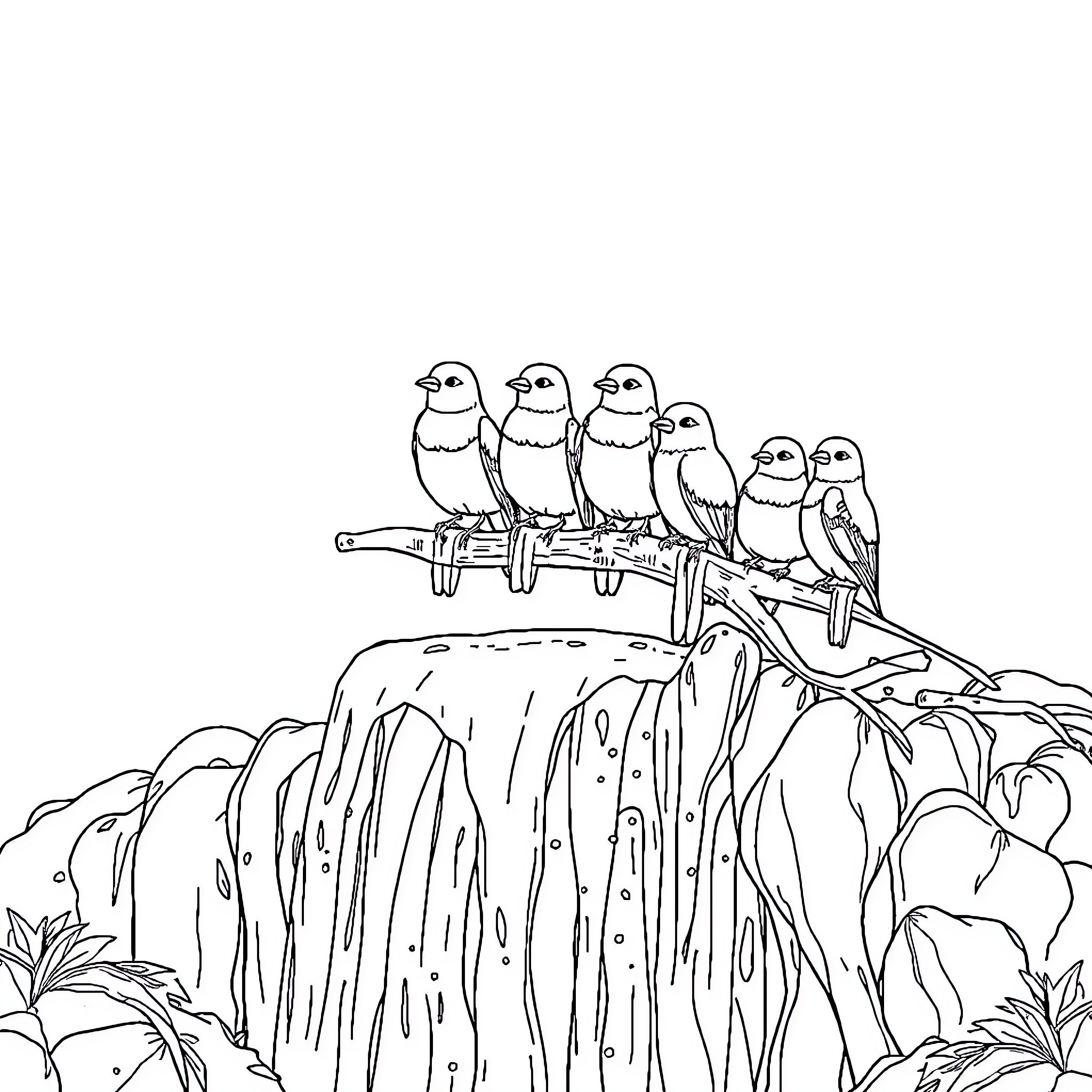 Birds perched on a tree branch in a nature scene Coloring Page (free black-and-white line drawing printable PDF for all, from beginners to advanced learners, including children, teens, adults, and seniors)