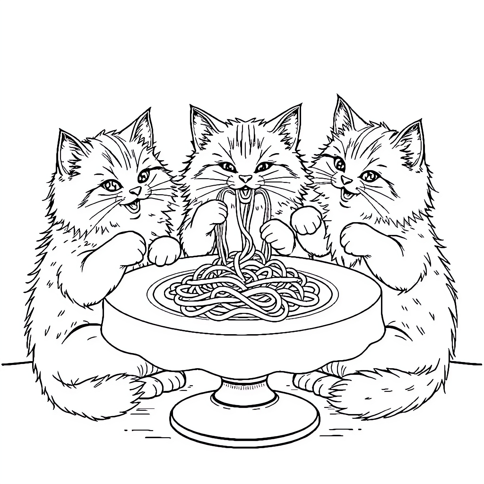 Cats Enjoying a Meal of Spaghetti Coloring Page (free black-and-white line drawing printable PDF for all, from beginners to advanced learners, including children, teens, adults, and seniors)