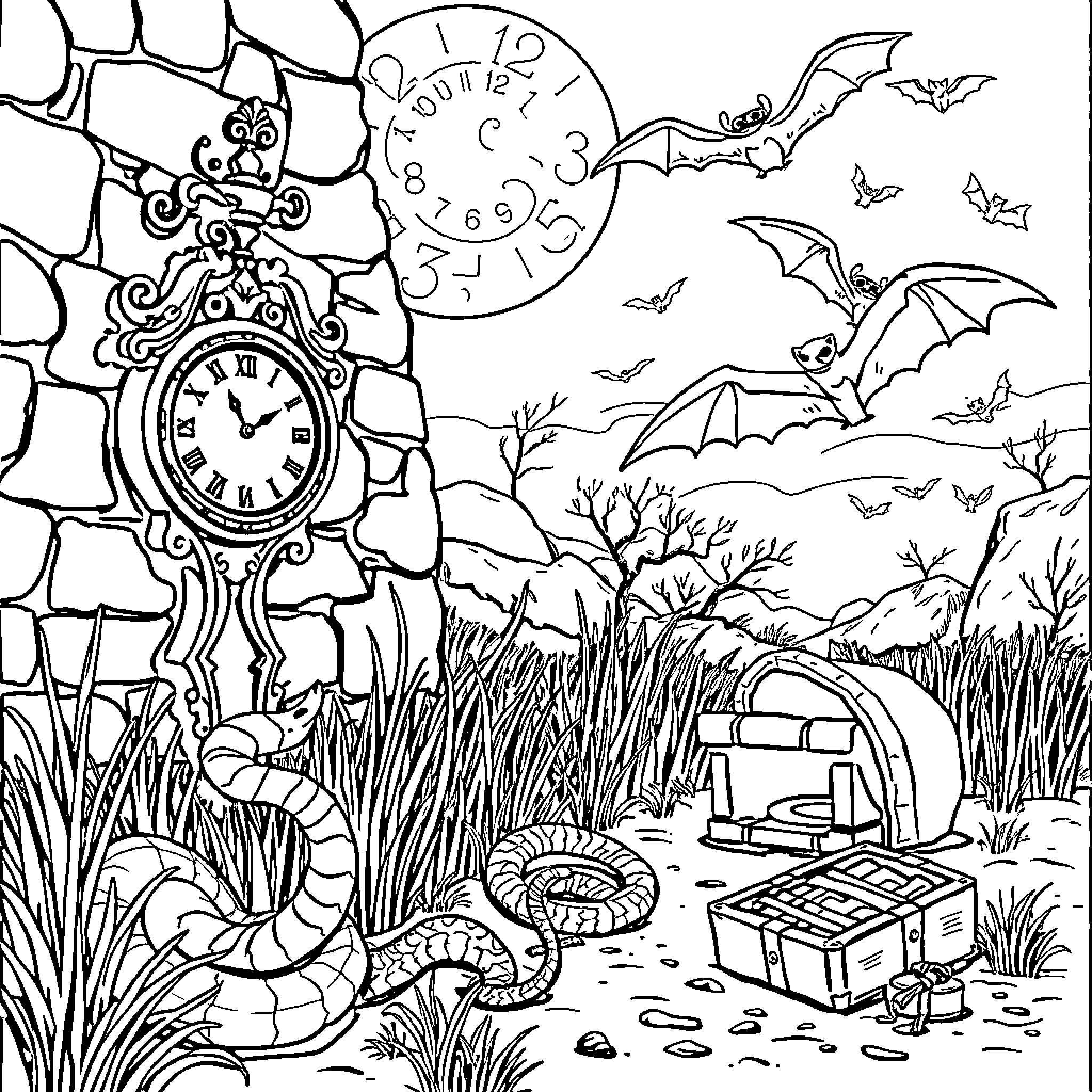 Clock with Nocturnal Animals in Spooky Forest Coloring Page (free black-and-white line drawing printable PDF for all, from beginners to advanced learners, including children, teens, adults, and seniors)