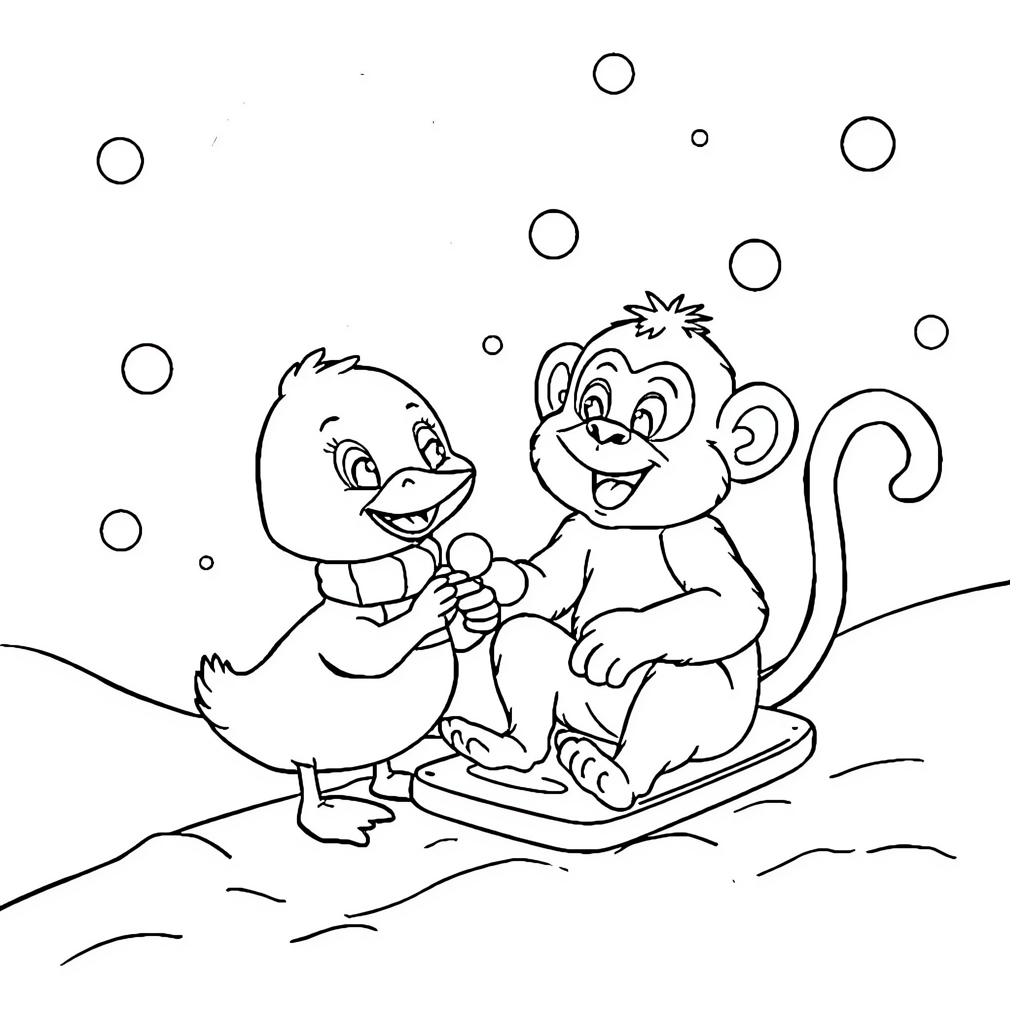 Duck and Monkey Playing in the Snow Coloring Page (free black-and-white line drawing printable PDF for all, from beginners to advanced learners, including children, teens, adults, and seniors)