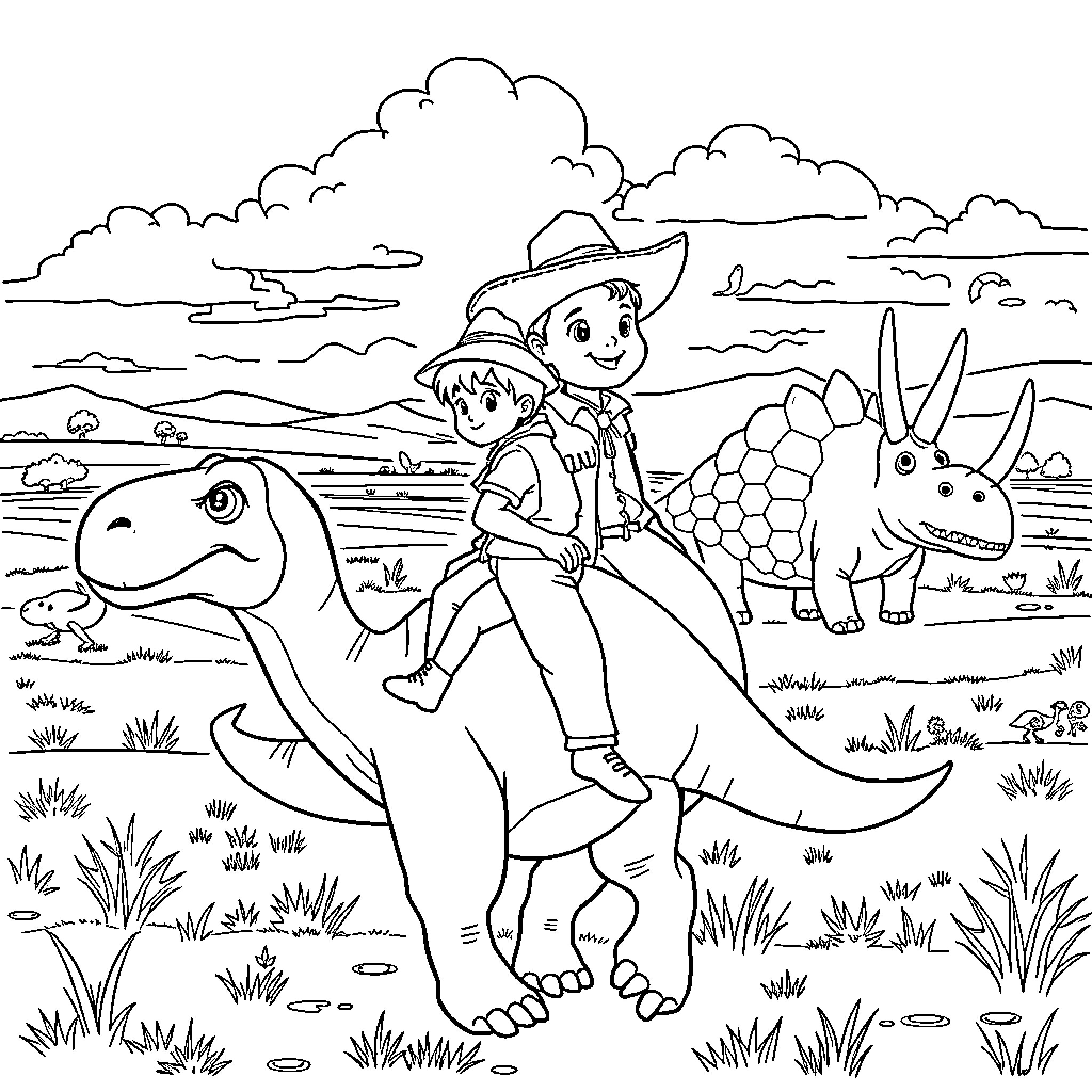 Dinosaur adventure with young explorer and friends Coloring Page (free black-and-white line drawing printable PDF for all, from beginners to advanced learners, including children, teens, adults, and seniors)
