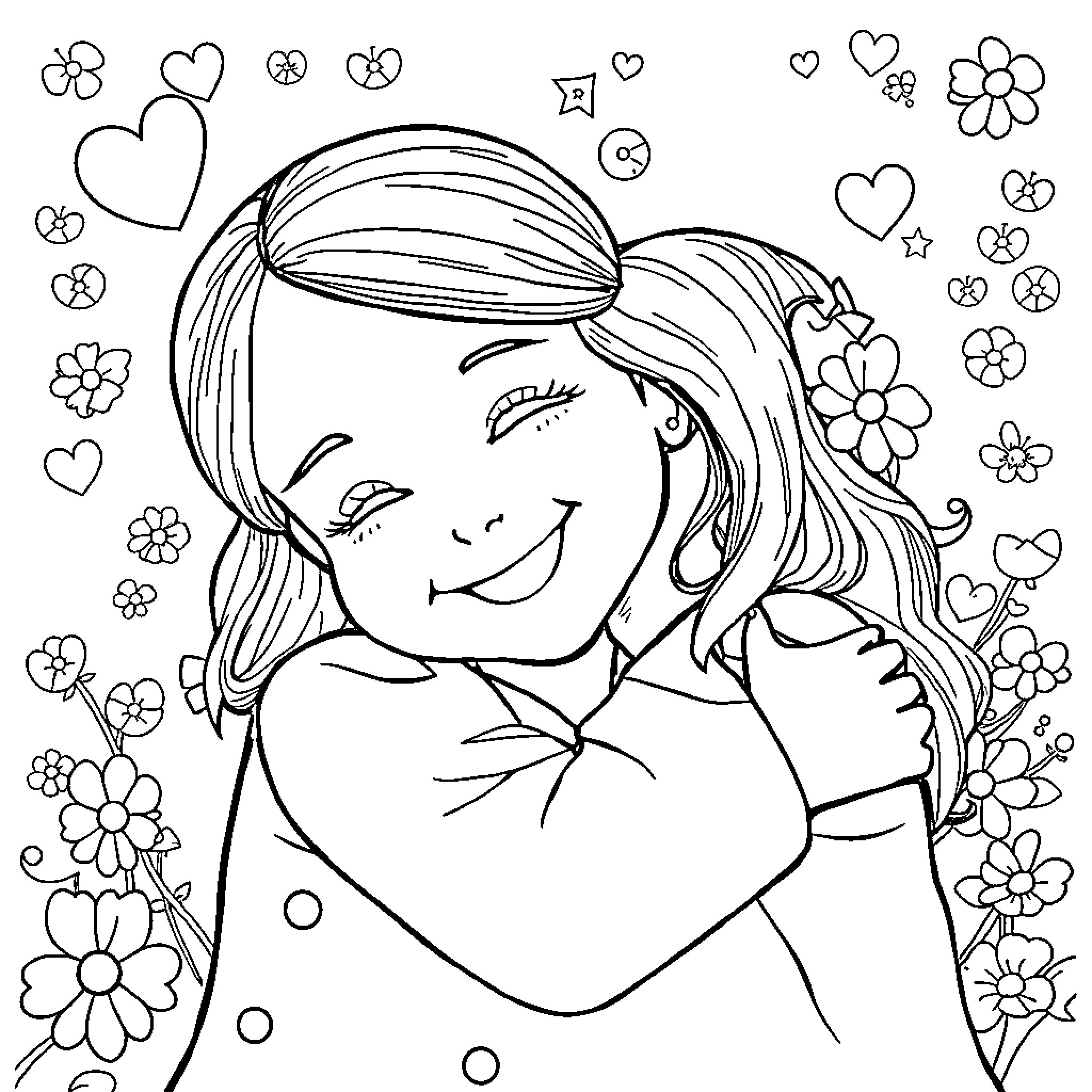 Daughter Embracing Hearts and Flowers Coloring Page (free black-and-white line drawing printable PDF for all, from beginners to advanced learners, including children, teens, adults, and seniors)