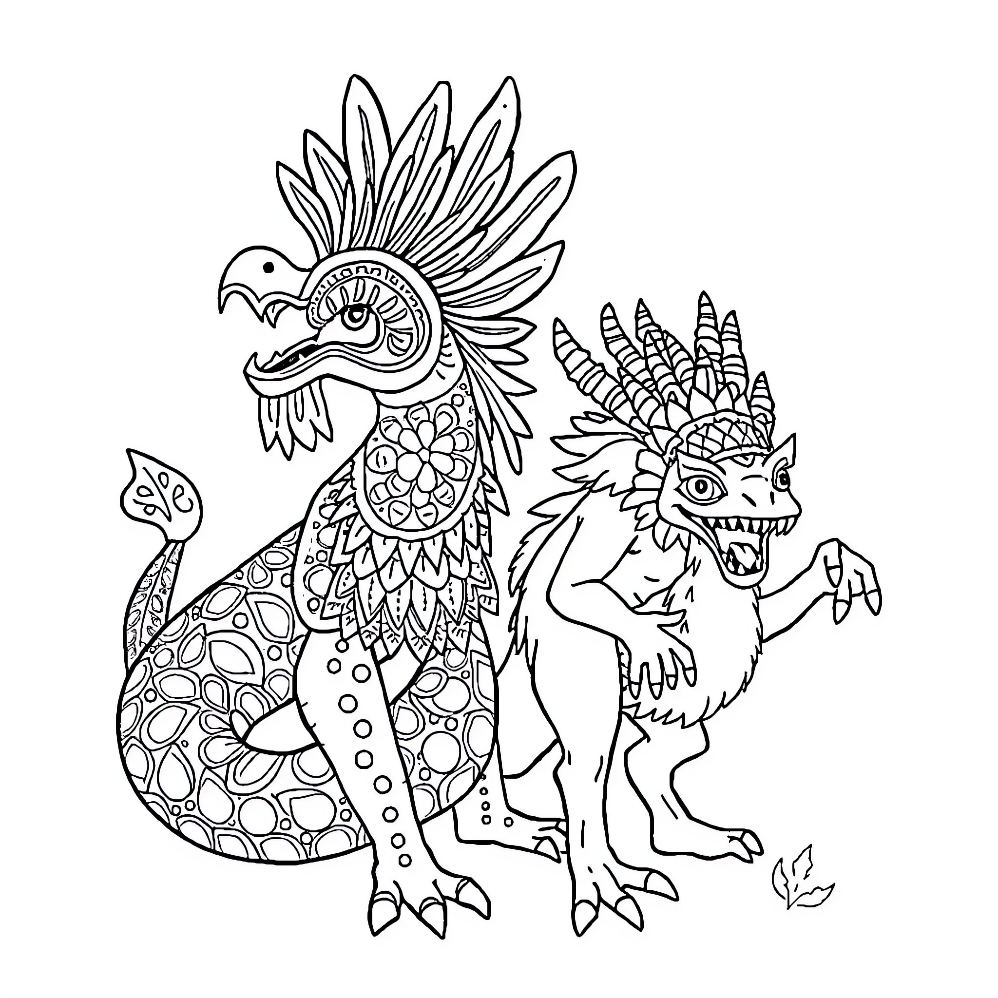 Mythical Creatures Fighting with Ornate Patterns Coloring Page (free black-and-white line drawing printable PDF for all, from beginners to advanced learners, including children, teens, adults, and seniors)