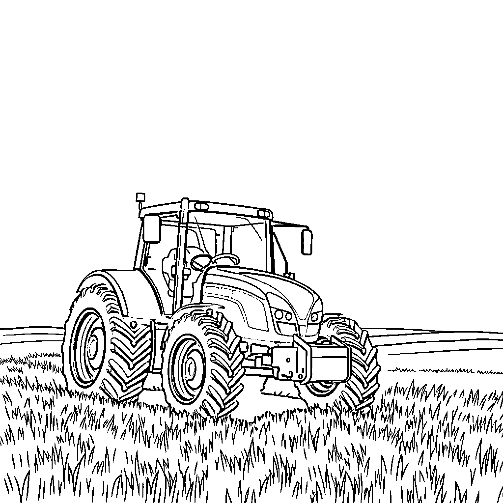 Tractor plowing through a grassy field Coloring Page (free black-and-white line drawing printable PDF for all, from beginners to advanced learners, including children, teens, adults, and seniors)