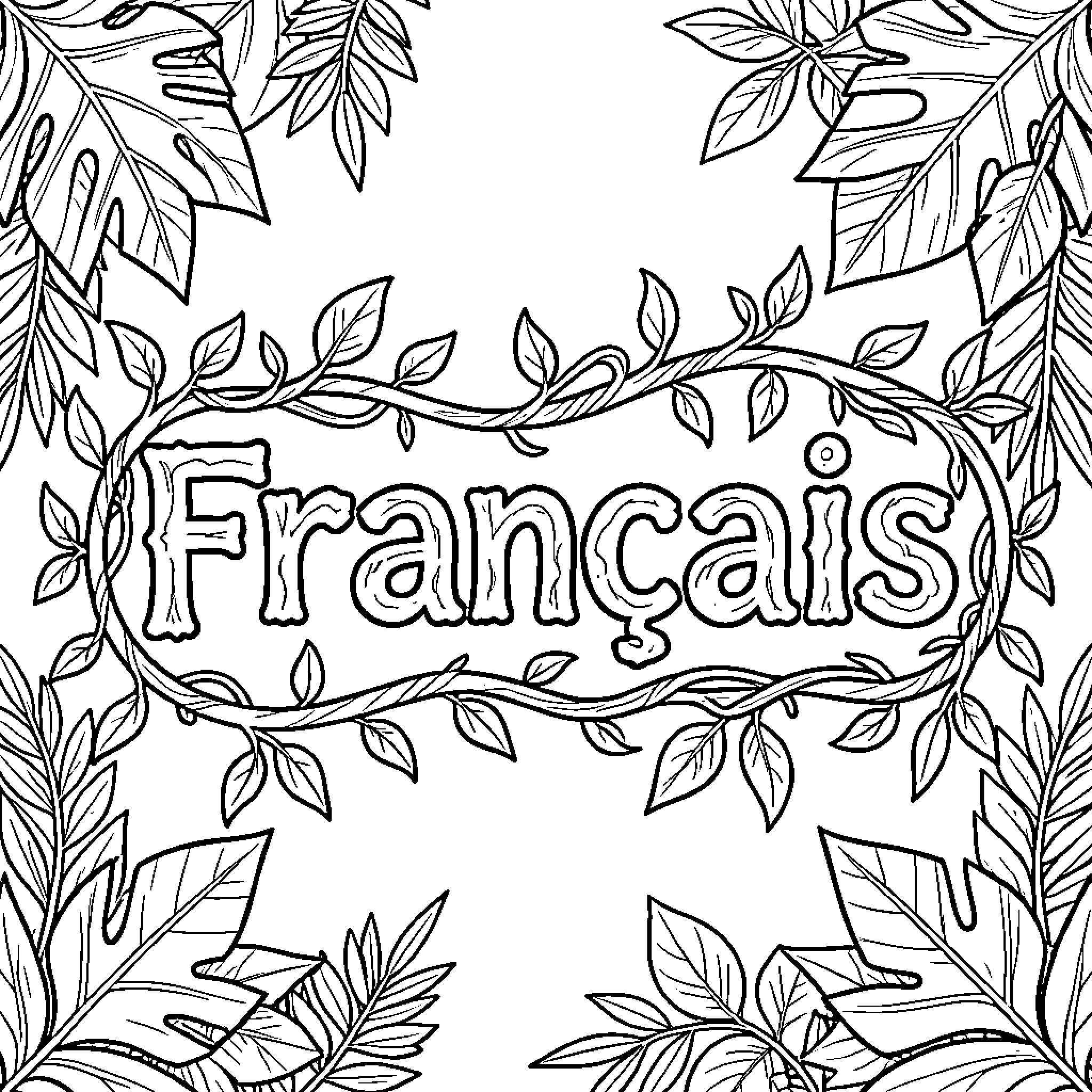 French Word framed by decorative flowing vines and leaves Coloring Page (free black-and-white line drawing printable PDF for all, from beginners to advanced learners, including children, teens, adults, and seniors)