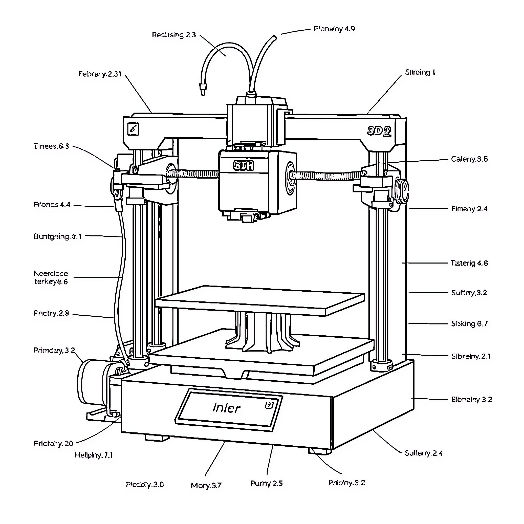 3D Printer Assembling Mechanical Components Coloring Page (free black-and-white line drawing printable PDF for all, from beginners to advanced learners, including children, teens, adults, and seniors)