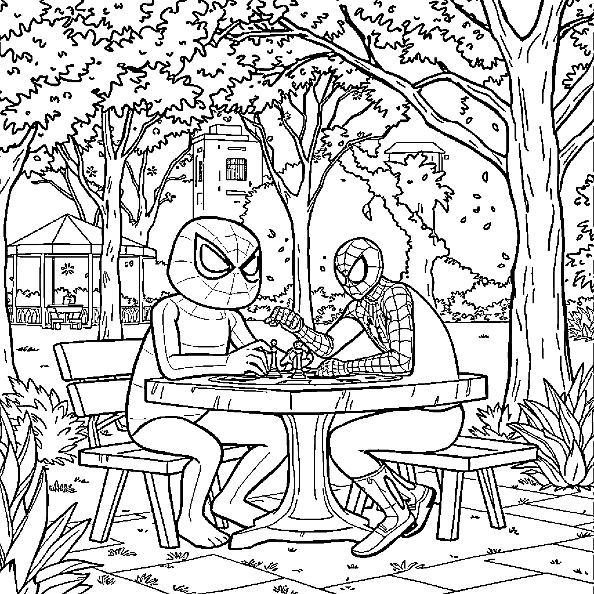 Labubu's Superheroes at Outdoor Cafe Coloring Page (free black-and-white line drawing printable PDF for all, from beginners to advanced learners, including children, teens, adults, and seniors)