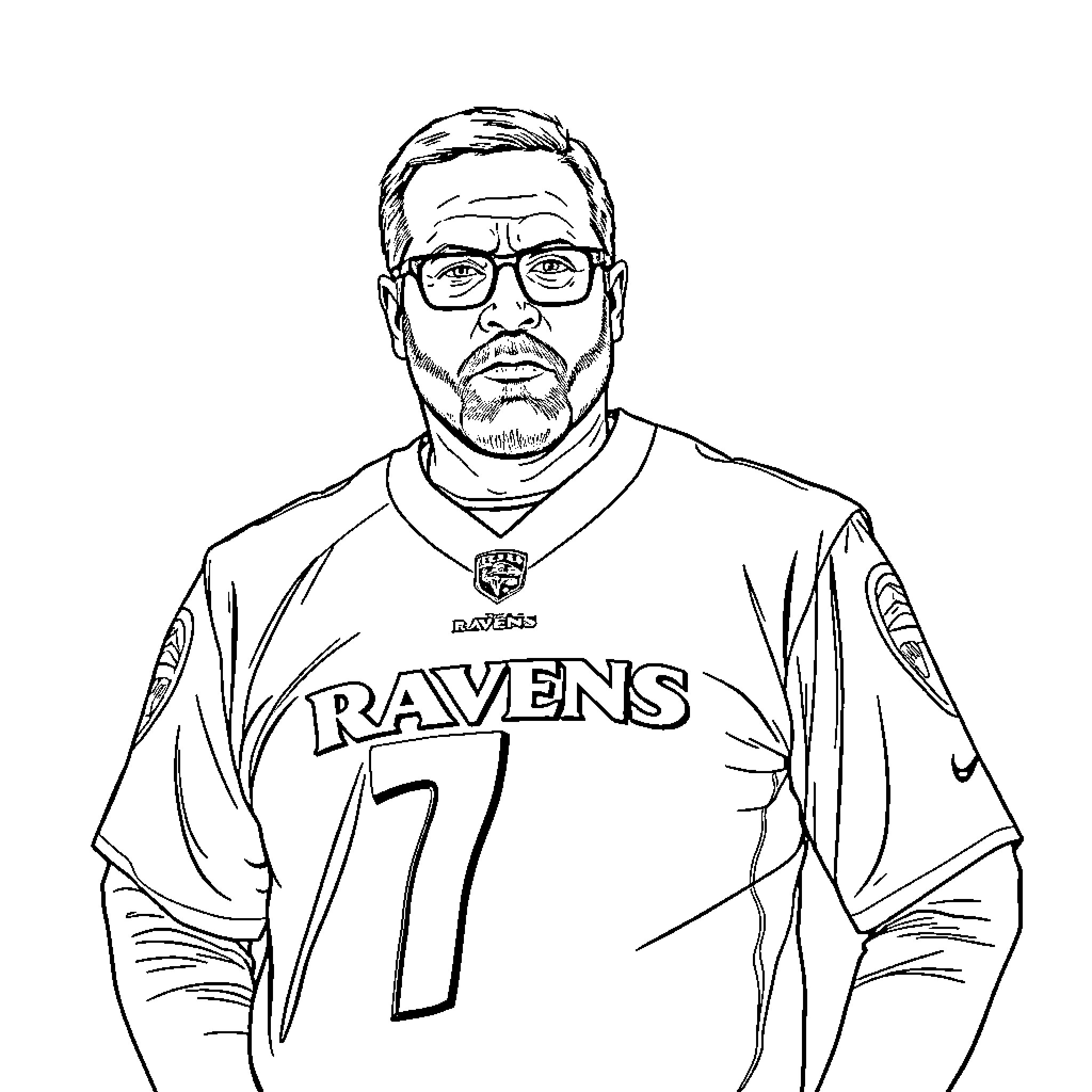 Mike Tomlin standing in Ravens uniform Coloring Page (free black-and-white line drawing printable PDF for all, from beginners to advanced learners, including children, teens, adults, and seniors)
