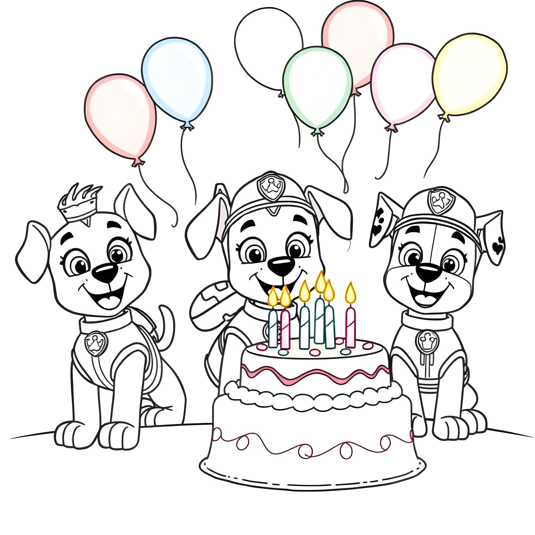 Paw Patrol Celebrating a Birthday Party Coloring Page (free black-and-white line drawing printable PDF for all, from beginners to advanced learners, including children, teens, adults, and seniors)