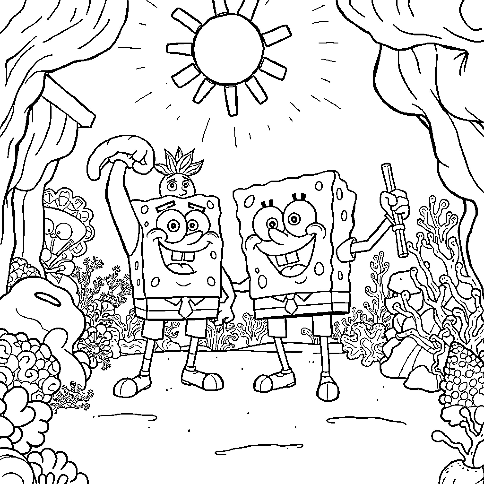 Spongebob and Patrick enjoying a sunny day Coloring Page (free black-and-white line drawing printable PDF for all, from beginners to advanced learners, including children, teens, adults, and seniors)