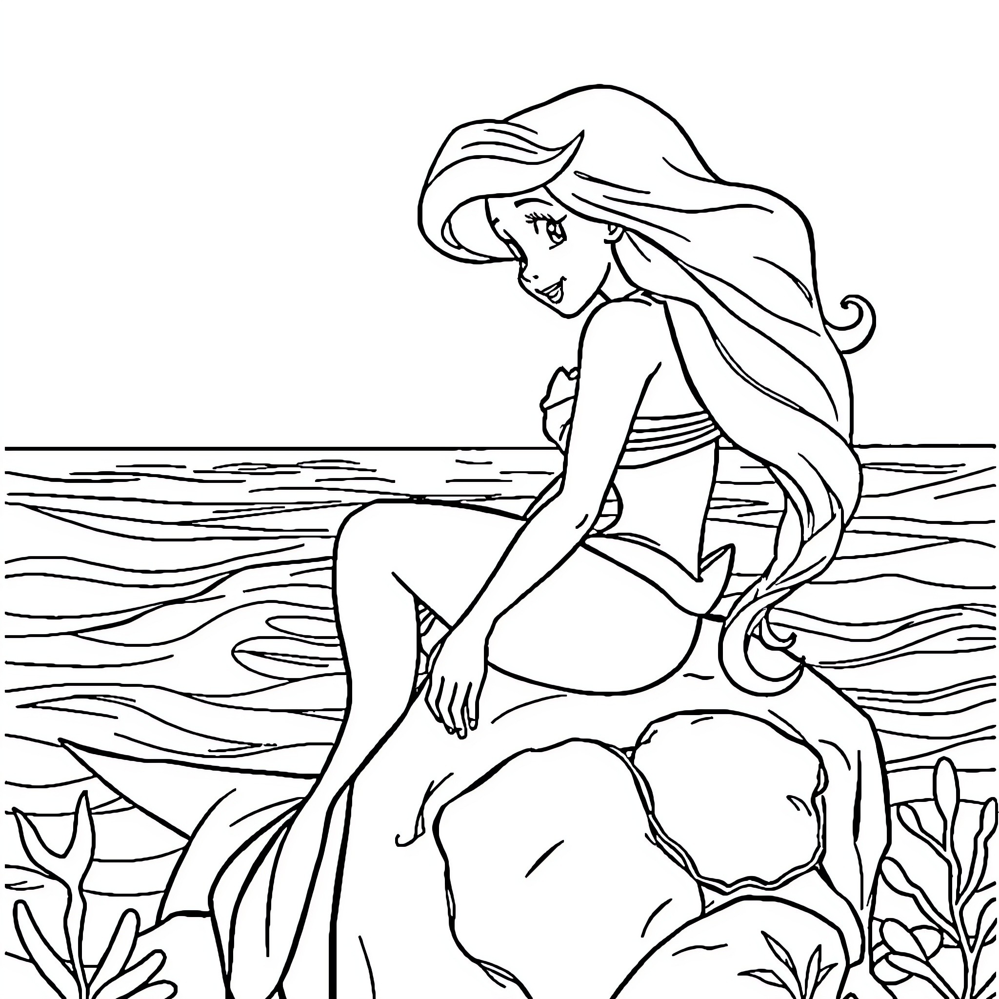 Ariel resting on a rock by the sea Coloring Page (free black-and-white line drawing printable PDF for all, from beginners to advanced learners, including children, teens, adults, and seniors)