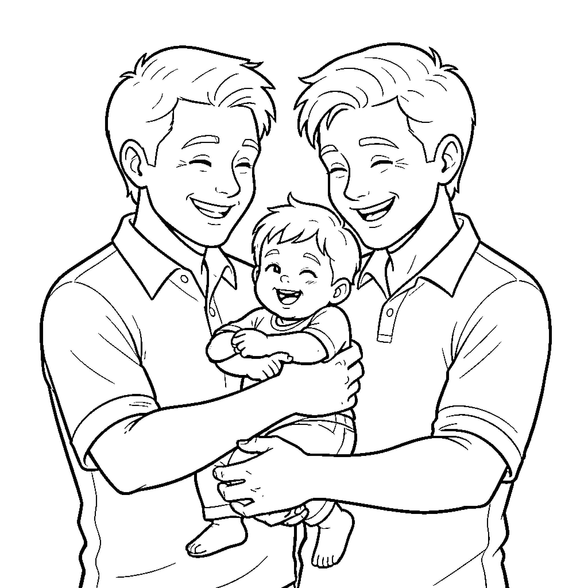 Brothers sharing joyful moment with baby Coloring Page (free black-and-white line drawing printable PDF for all, from beginners to advanced learners, including children, teens, adults, and seniors)