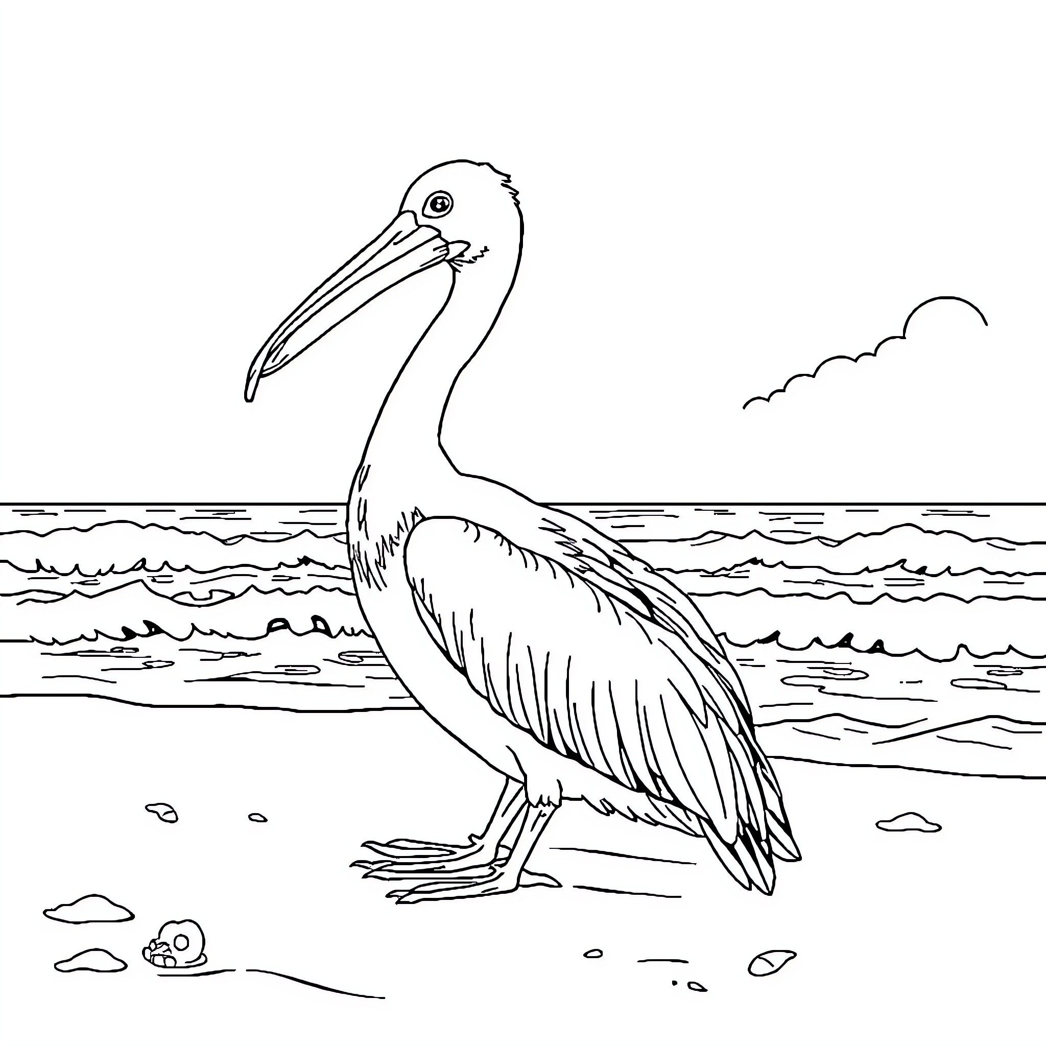 Pelican wading in the ocean waters Coloring Page (free black-and-white line drawing printable PDF for all, from beginners to advanced learners, including children, teens, adults, and seniors)