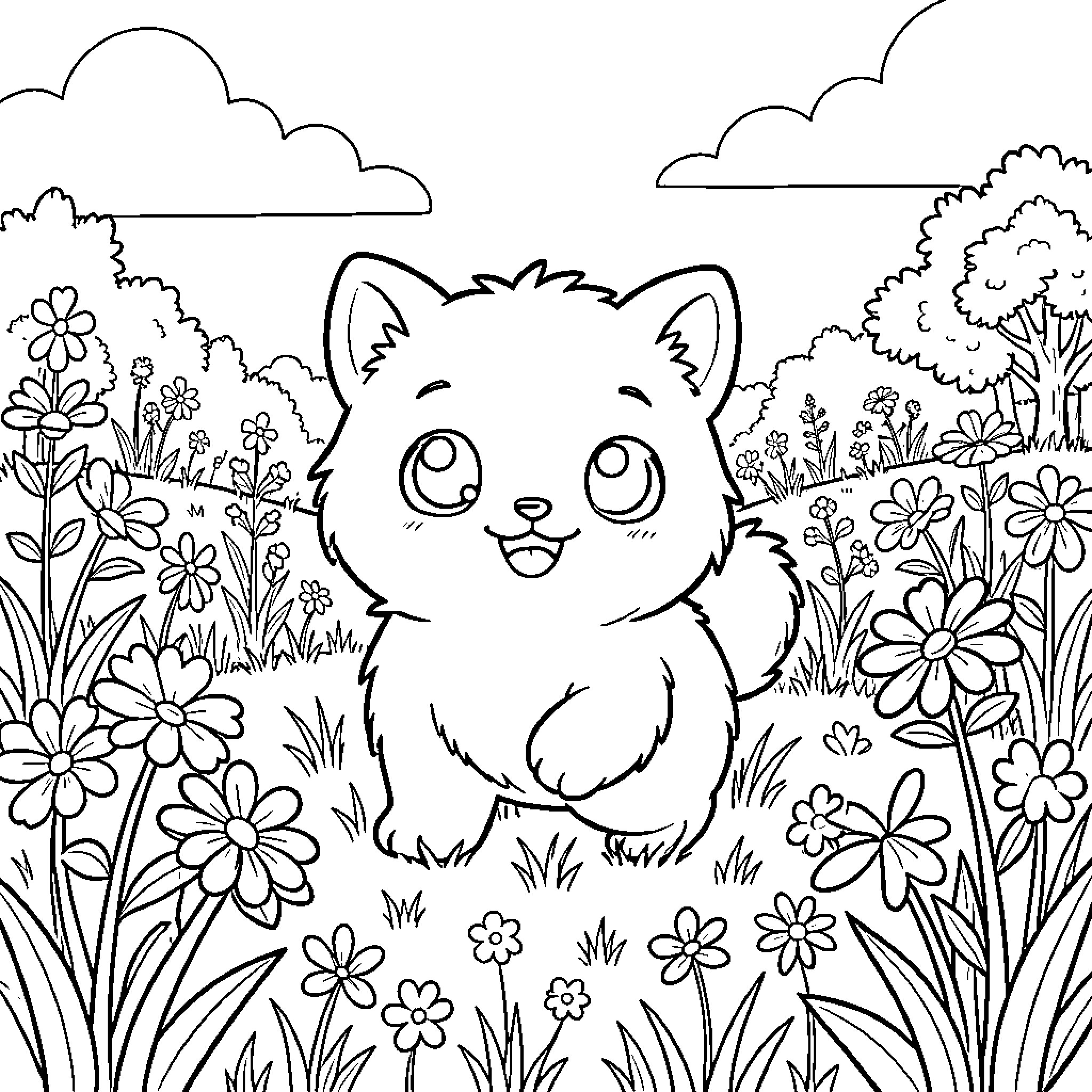 Labubu among the Blooming Flowers Coloring Page (free black-and-white line drawing printable PDF for all, from beginners to advanced learners, including children, teens, adults, and seniors)