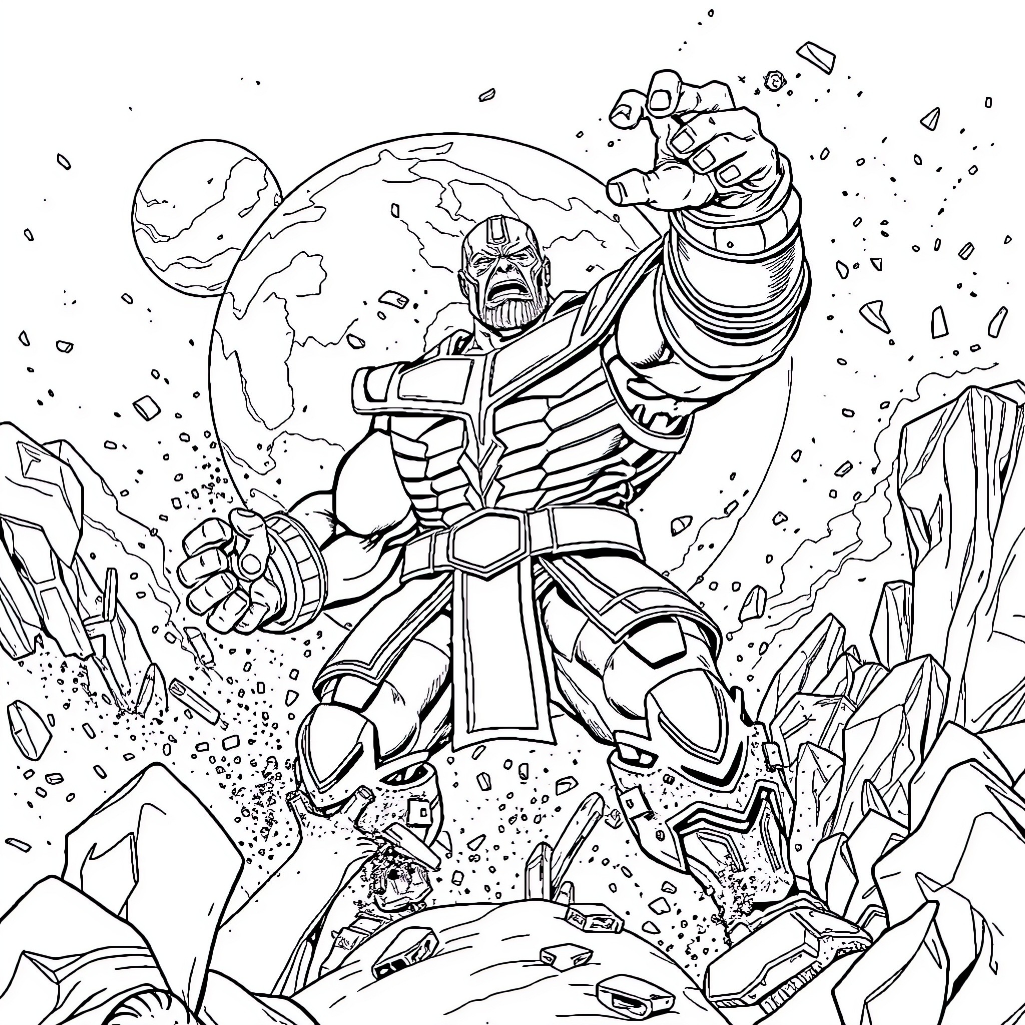 Thanos unleashing power over the universe Coloring Page (free black-and-white line drawing printable PDF for all, from beginners to advanced learners, including children, teens, adults, and seniors)