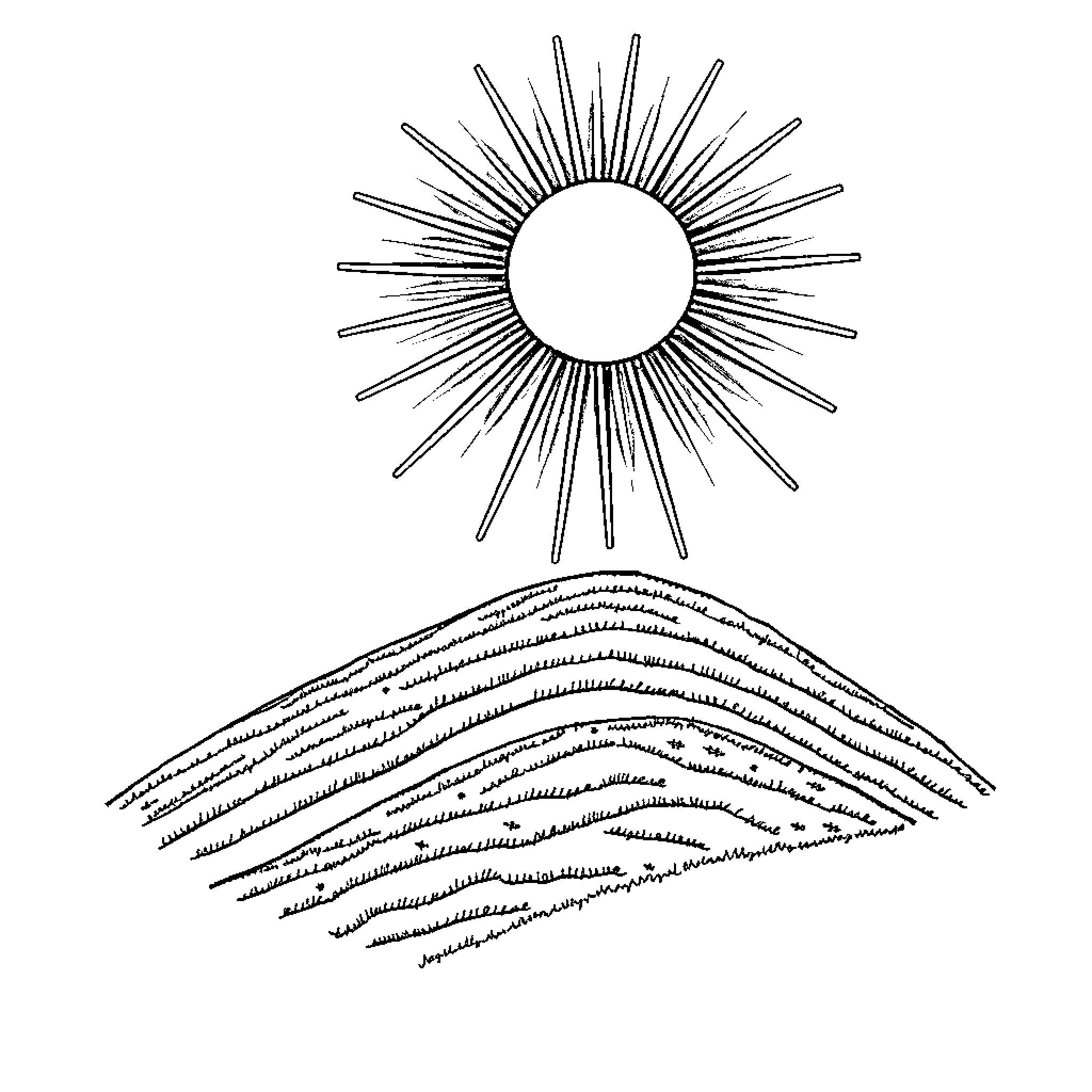 Sun shines over rugged mountain landscape Coloring Page (free black-and-white line drawing printable PDF for all, from beginners to advanced learners, including children, teens, adults, and seniors)