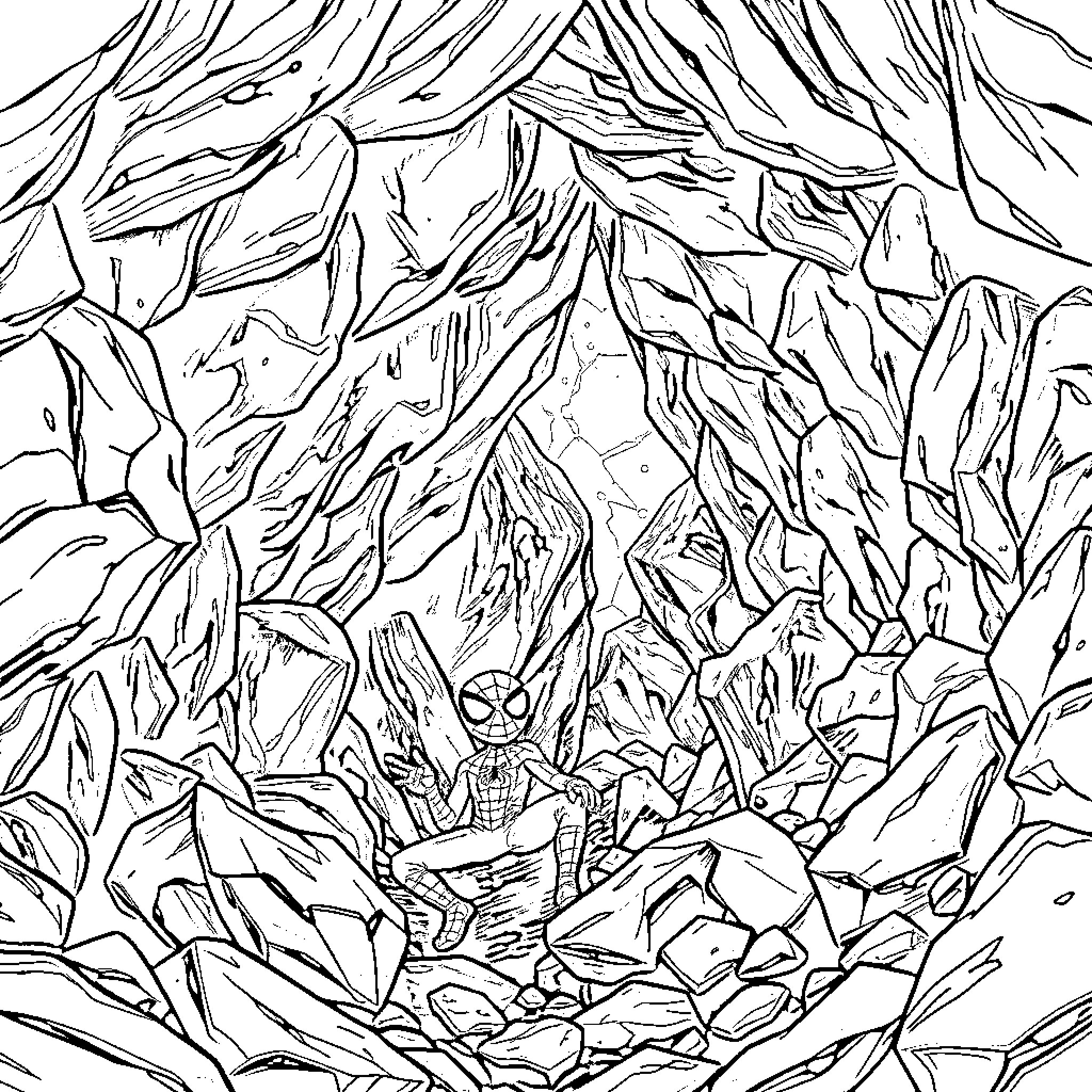 Spider-Man in a rugged mountainous terrain Coloring Page (free black-and-white line drawing printable PDF for all, from beginners to advanced learners, including children, teens, adults, and seniors)