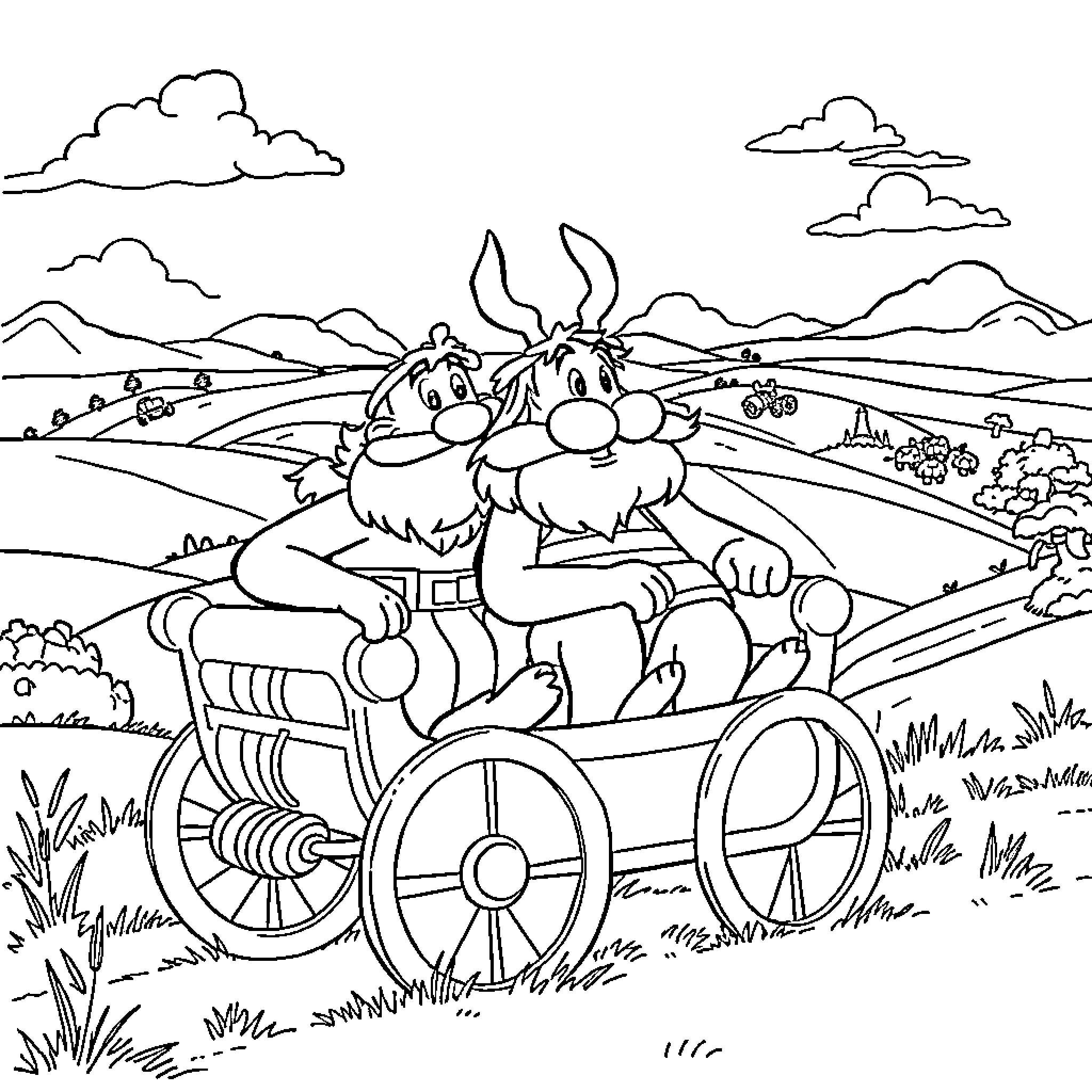 Asterix and Obelix riding in a chariot through the countryside Coloring Page (free black-and-white line drawing printable PDF for all, from beginners to advanced learners, including children, teens, adults, and seniors)