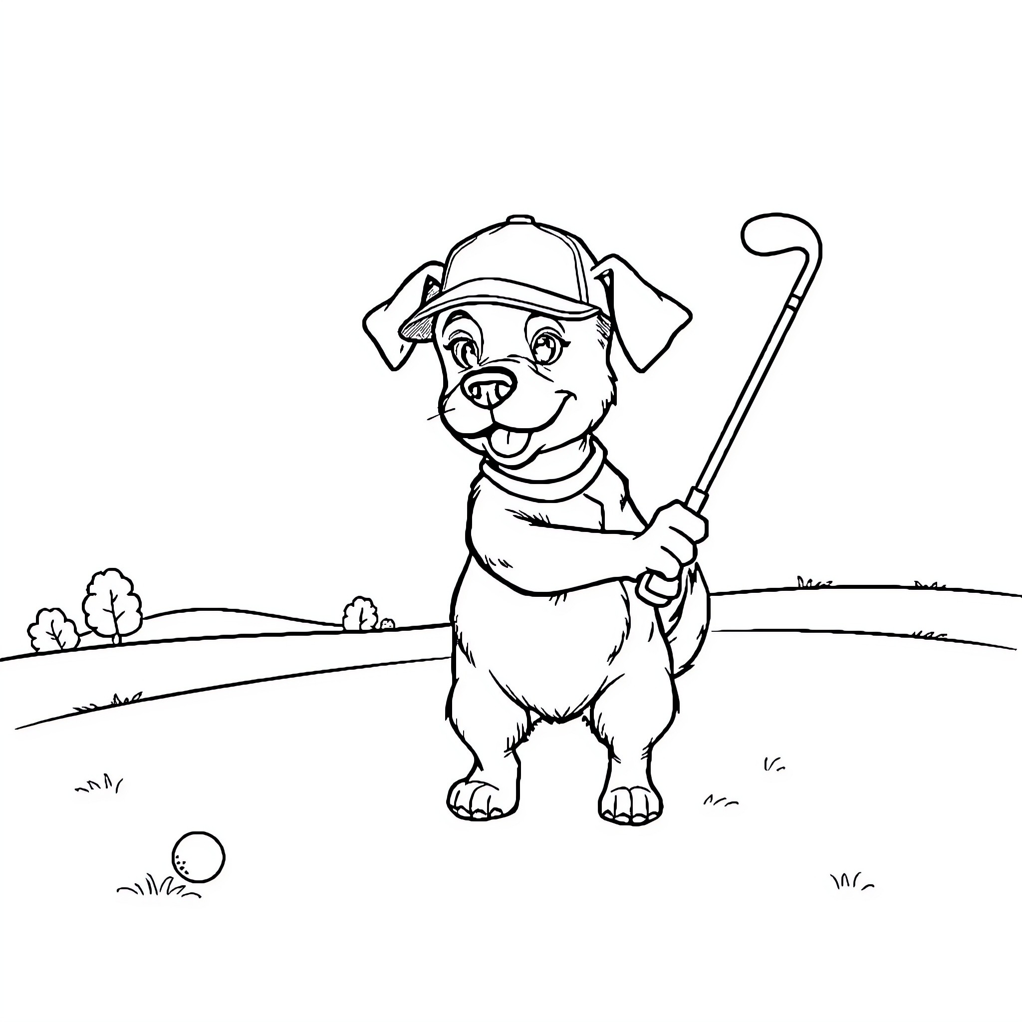 Dog playing happily with garden tools Coloring Page (free black-and-white line drawing printable PDF for all, from beginners to advanced learners, including children, teens, adults, and seniors)