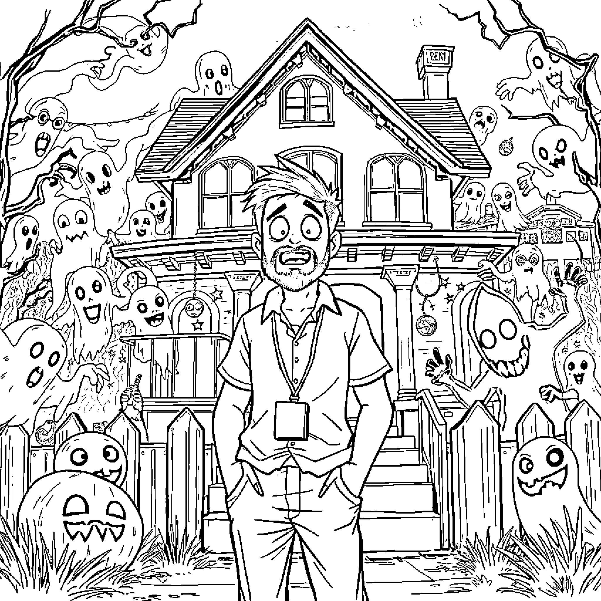Teacher Guides Students Through Haunting Halloween Scenes Coloring Page (free black-and-white line drawing printable PDF for all, from beginners to advanced learners, including children, teens, adults, and seniors)