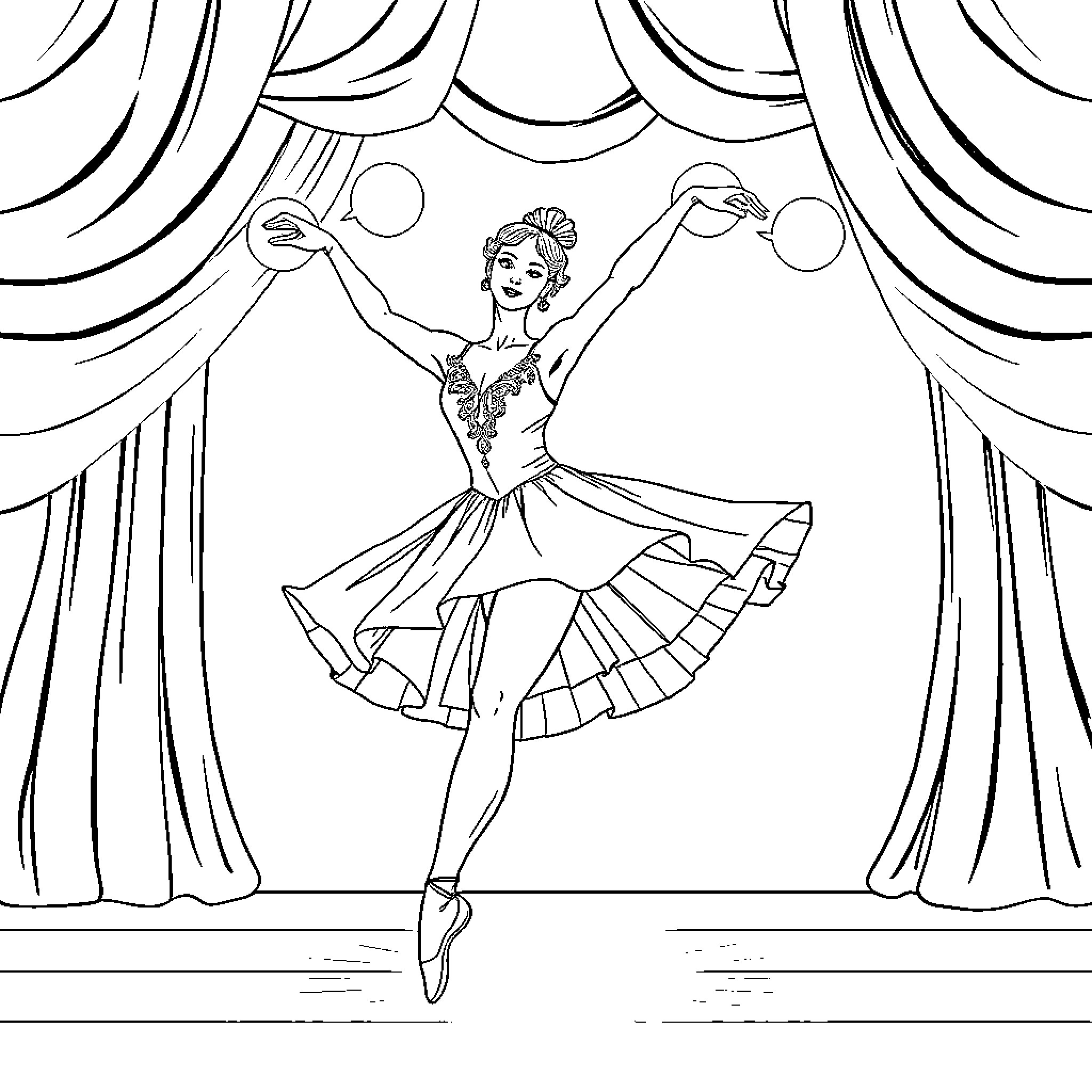 Ballerina performing on stage with elegant costume Coloring Page (free black-and-white line drawing printable PDF for all, from beginners to advanced learners, including children, teens, adults, and seniors)