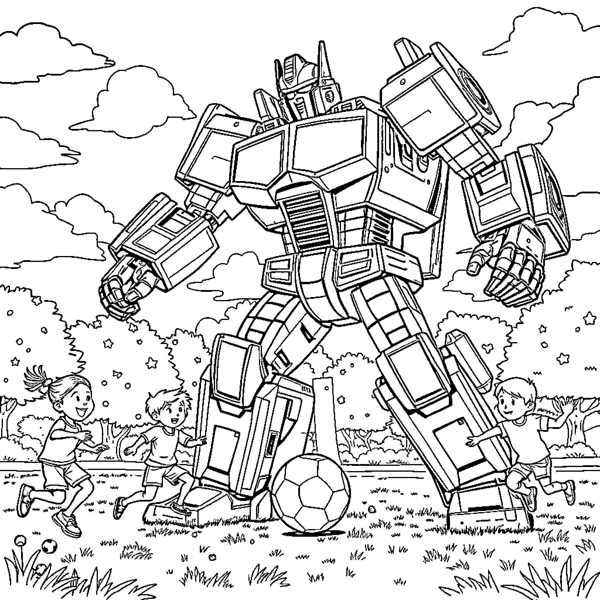 Transformer robot confronts children playing in a field Coloring Page (free black-and-white line drawing printable PDF for all, from beginners to advanced learners, including children, teens, adults, and seniors)