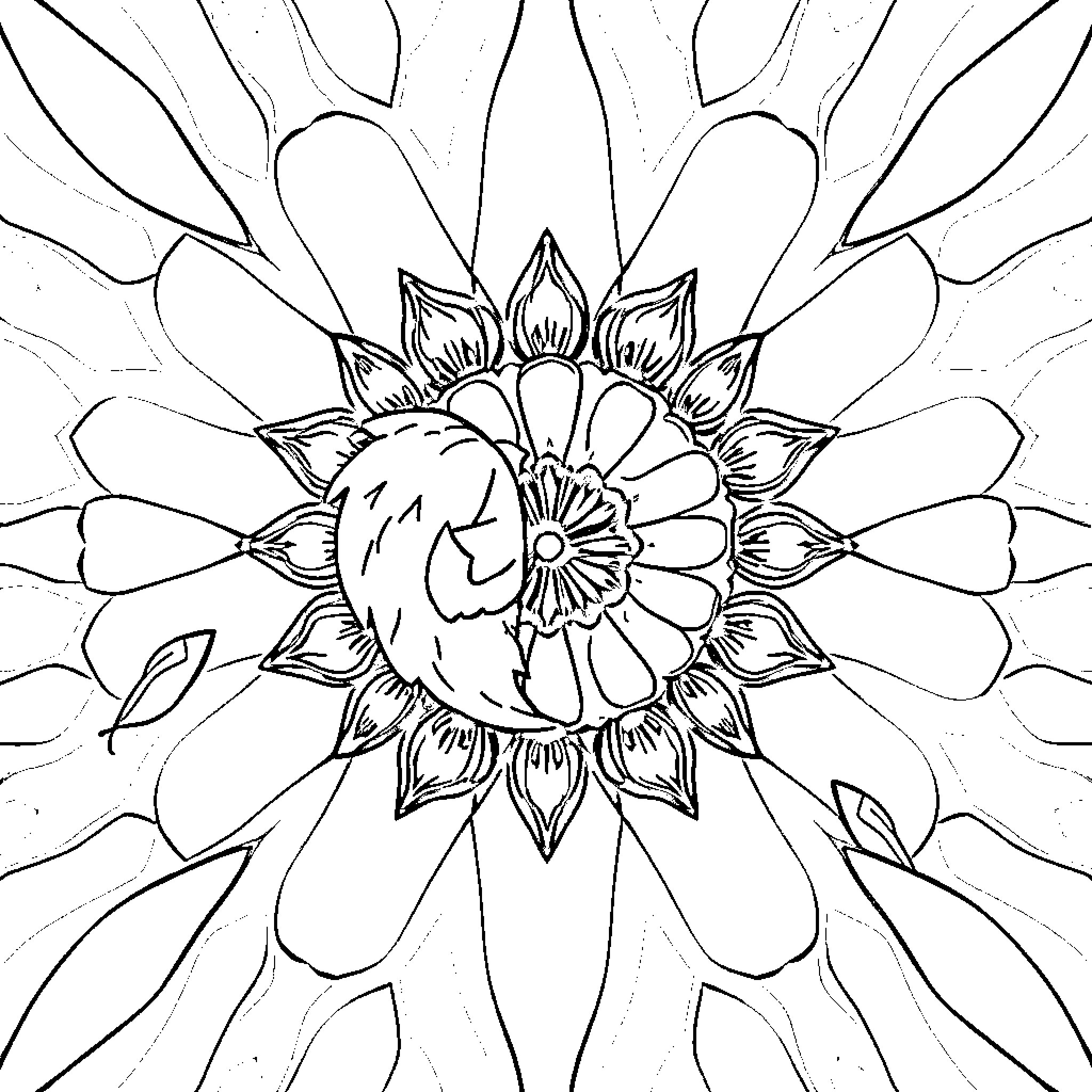 Easy Floral Mandala Sketch Coloring Page (free black-and-white line drawing printable PDF for all, from beginners to advanced learners, including children, teens, adults, and seniors)